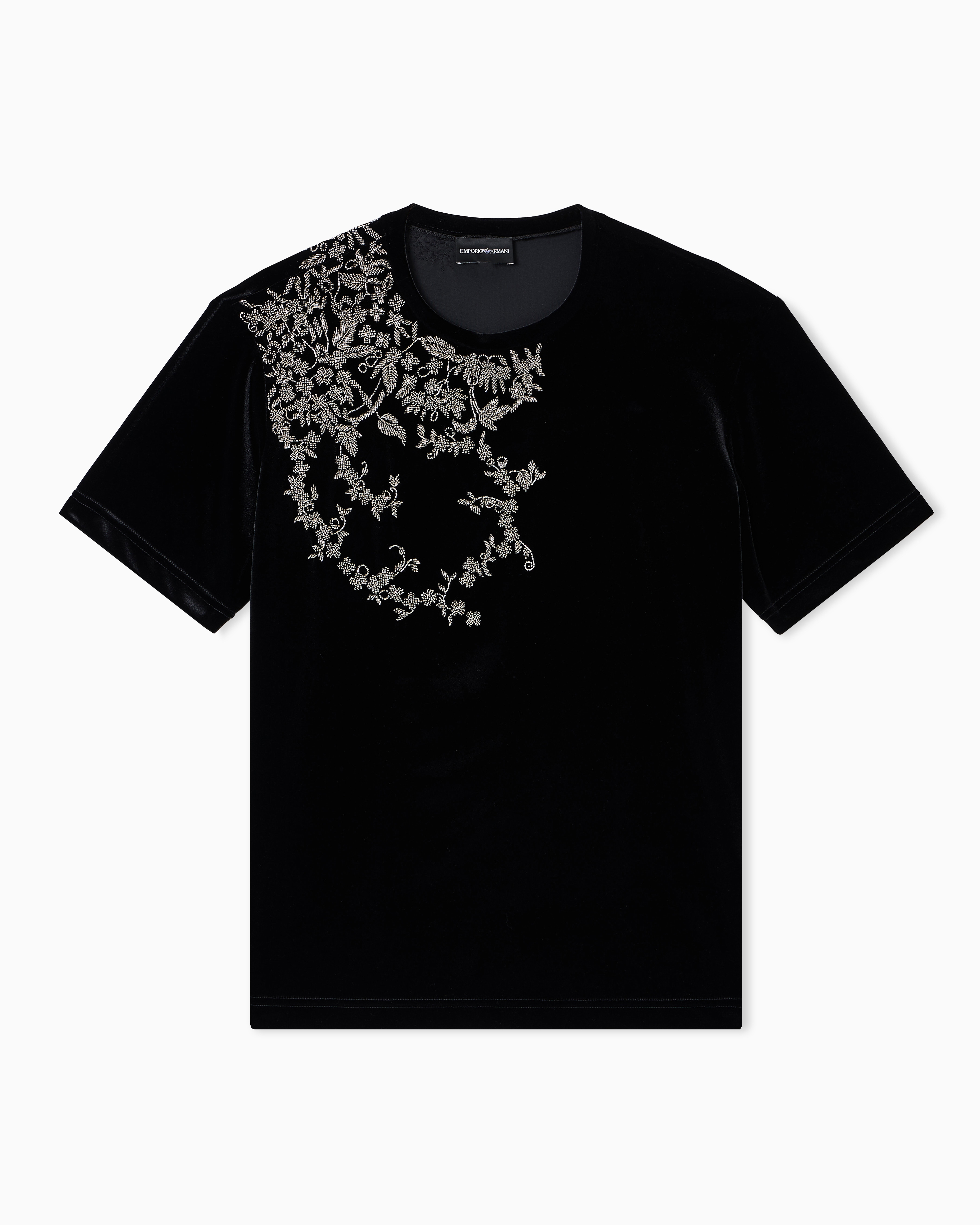 Emporio Armani - Chenille jersey T-shirt with beaded embroidery, Man, Black, Size: