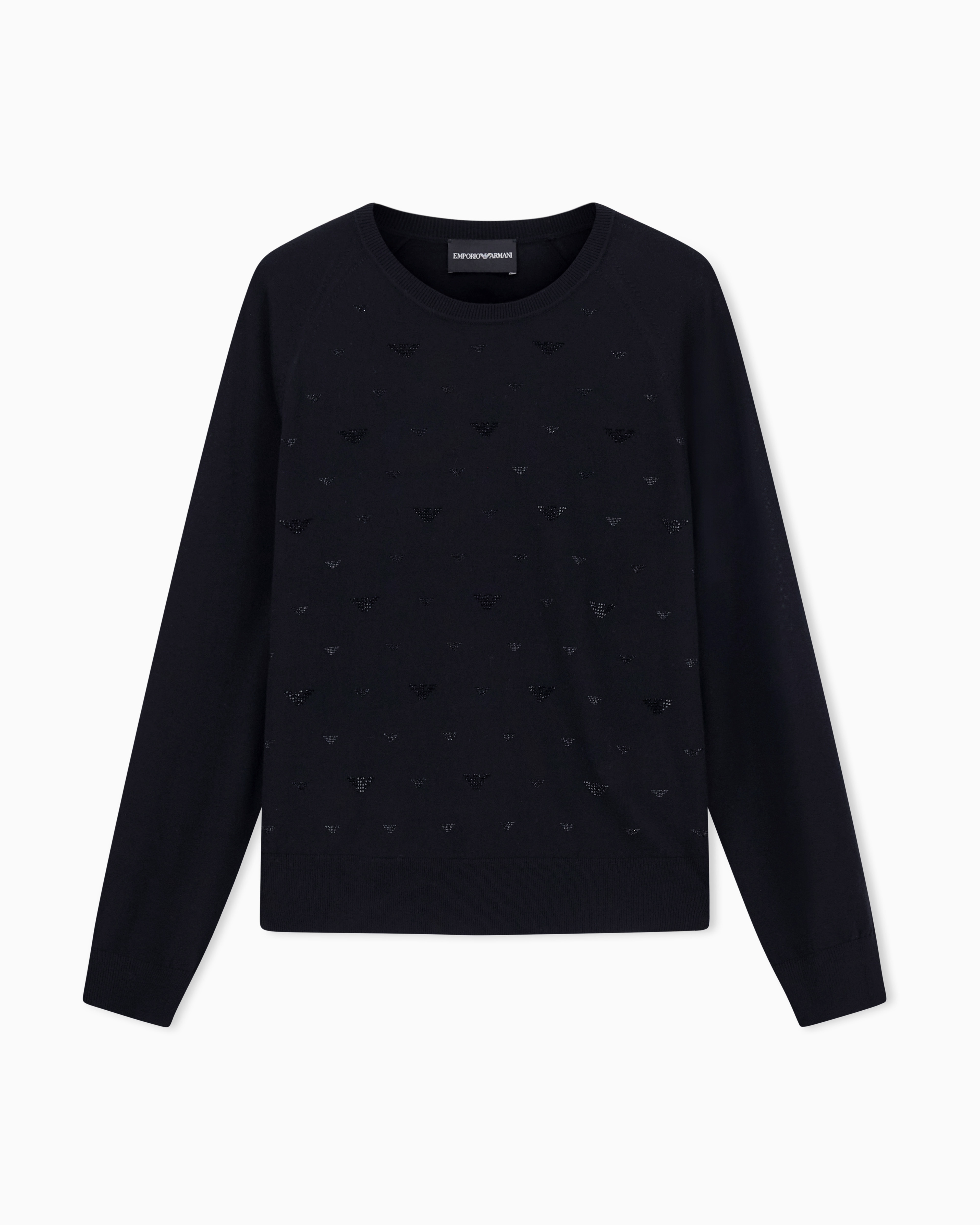 Emporio Armani - Plain-knit virgin-wool jumper with micro rhinestones, Woman, Black, Size: