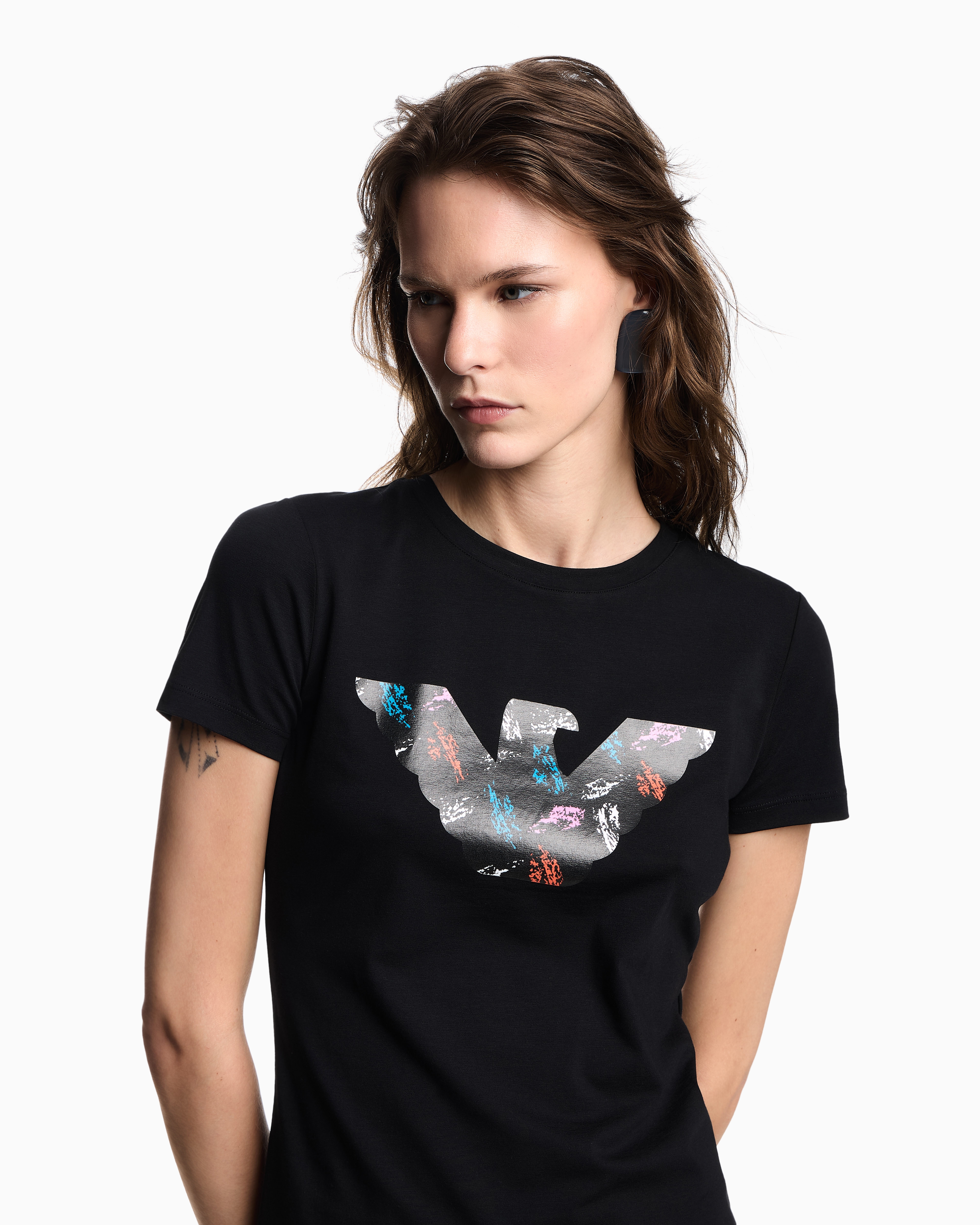 Emporio Armani - ASV stretch-jersey slim-fit T-shirt with oversized eagle pattern, Woman, Black, Size: