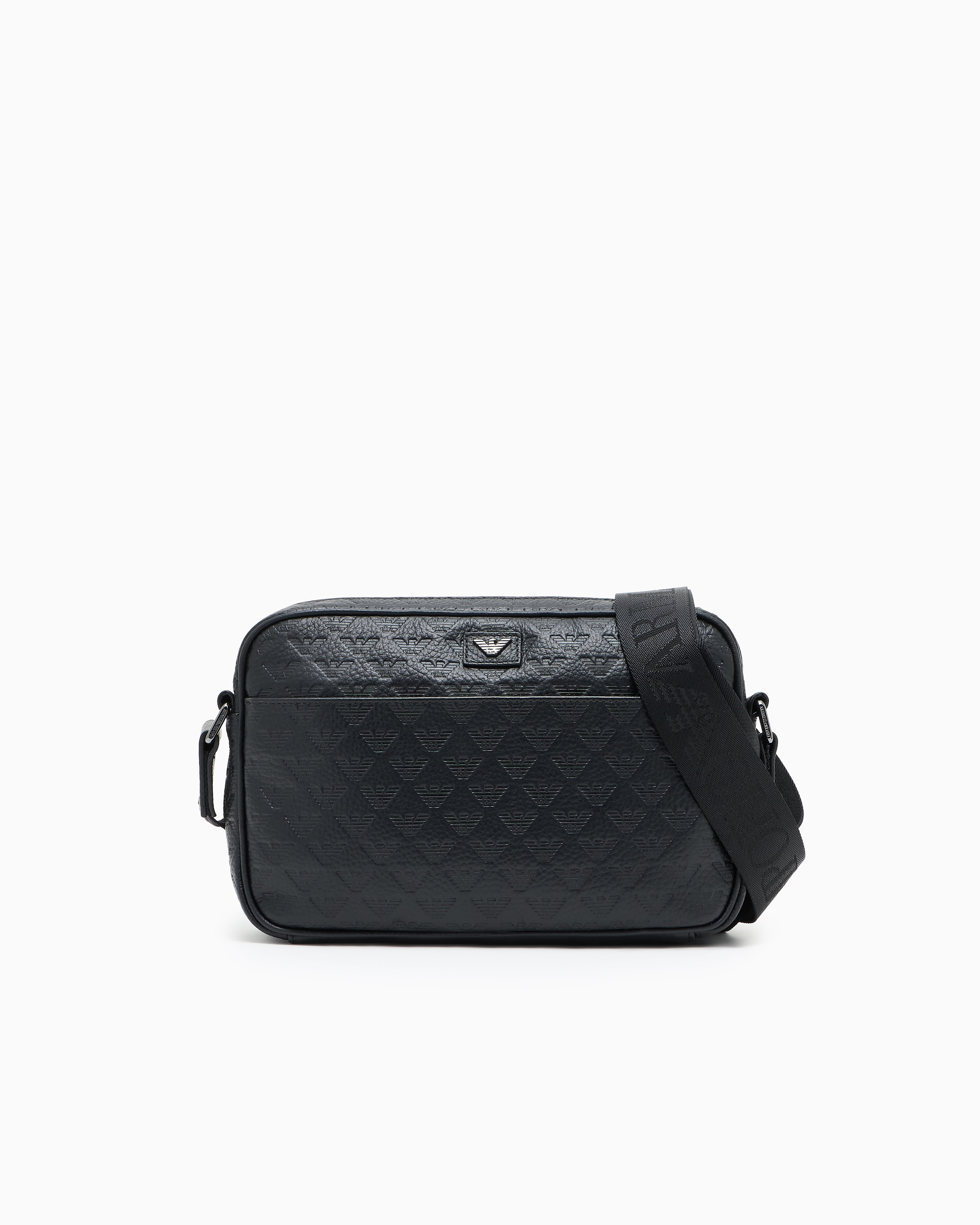 Leather shoulder bag with all-over embossed eagle | Emporio Armani