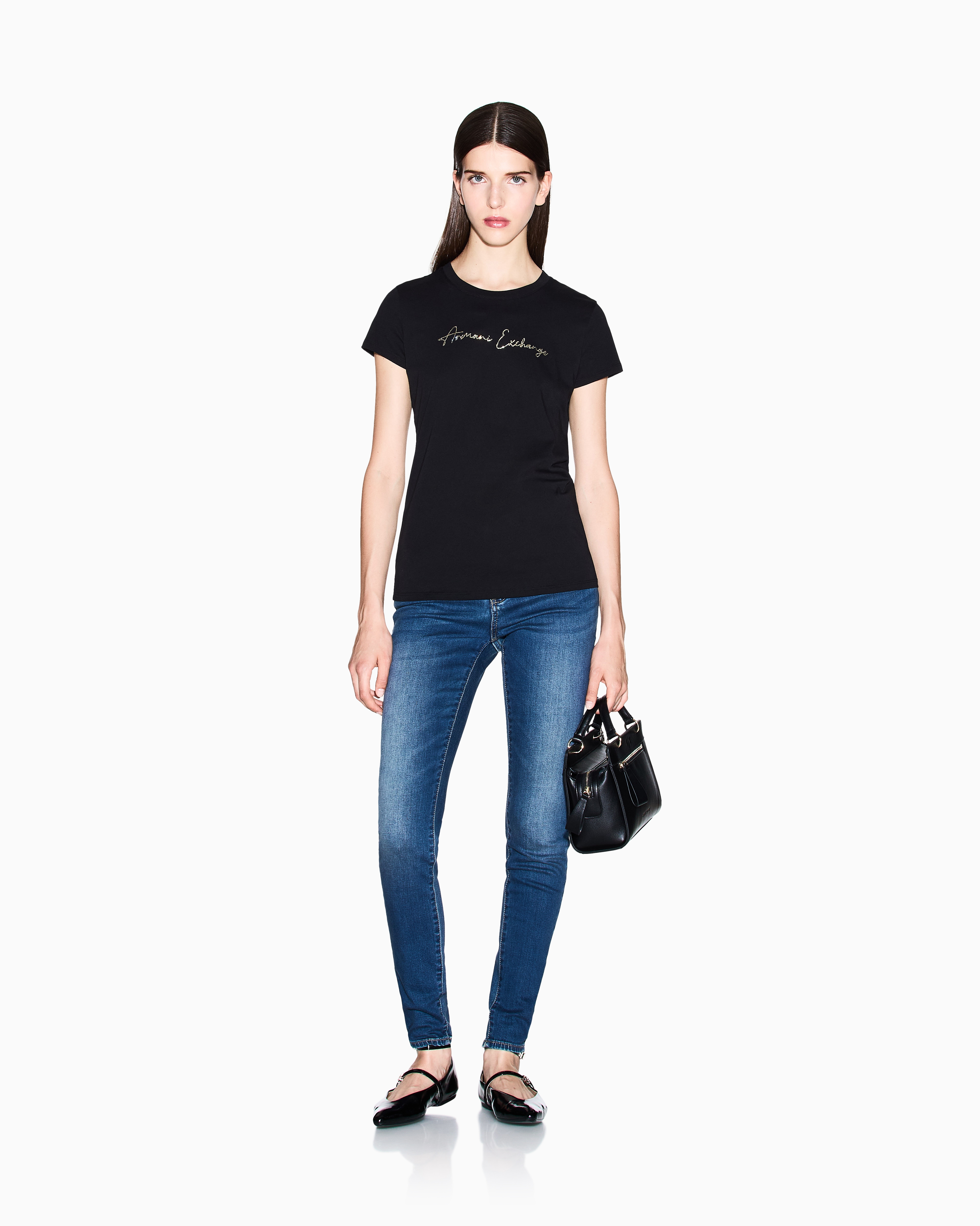 Armani Exchange - Slim fit T-shirt with glitter logo, Woman, Black, Size: