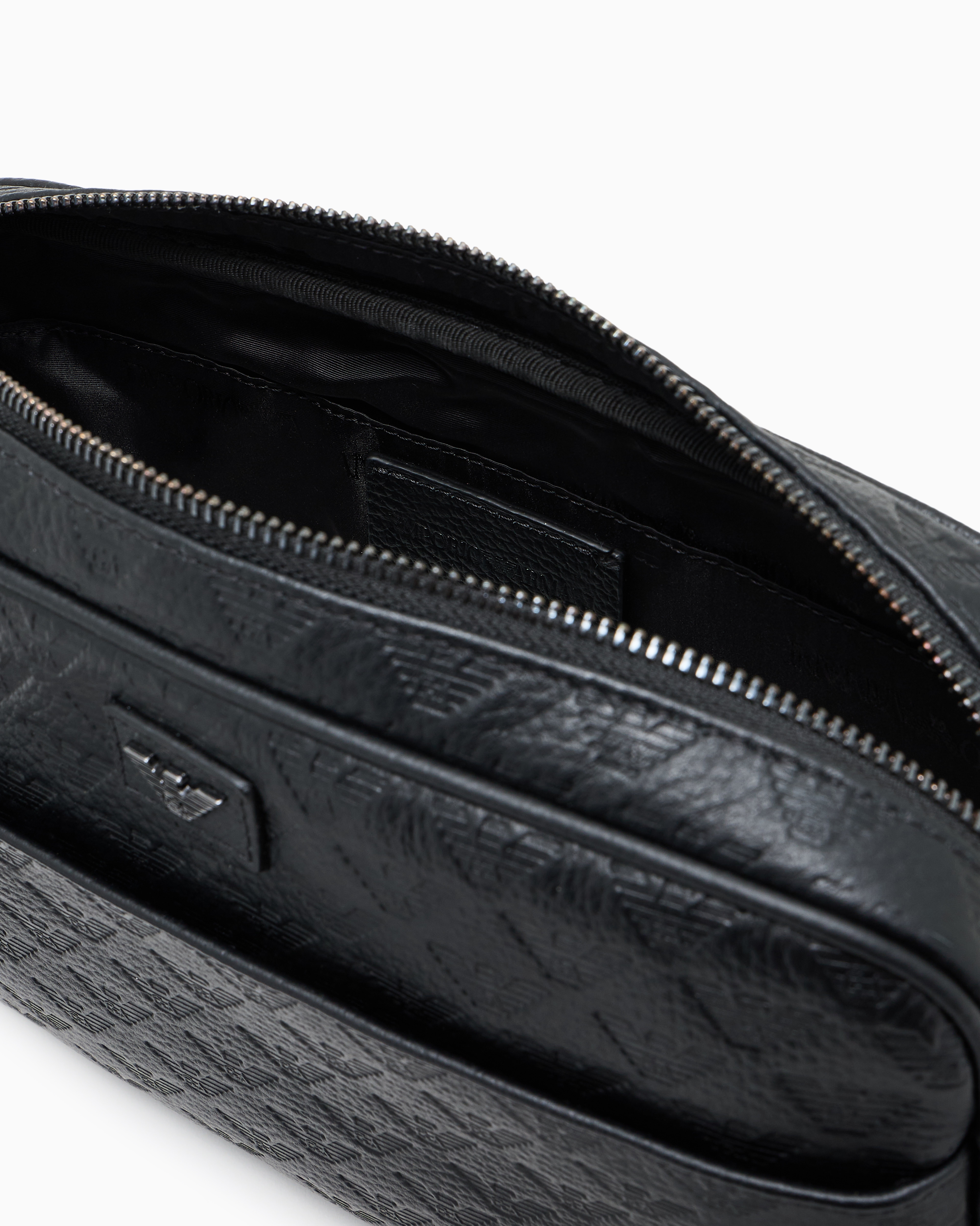 Leather shoulder bag with all-over embossed eagle | Emporio Armani