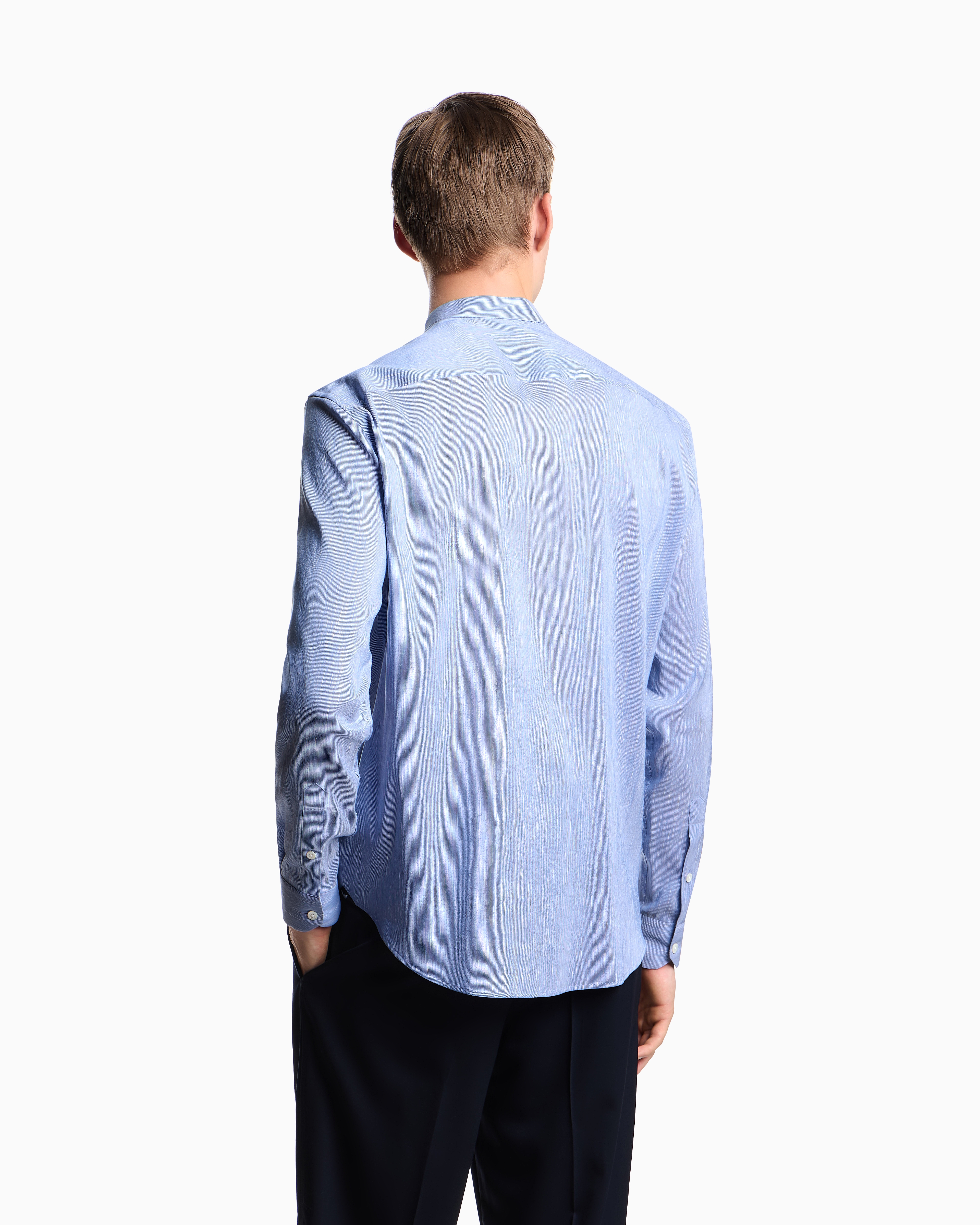 Emporio Armani - Linen and silk blend chambray shirt with guru collar, Man, Light Blue, Size: