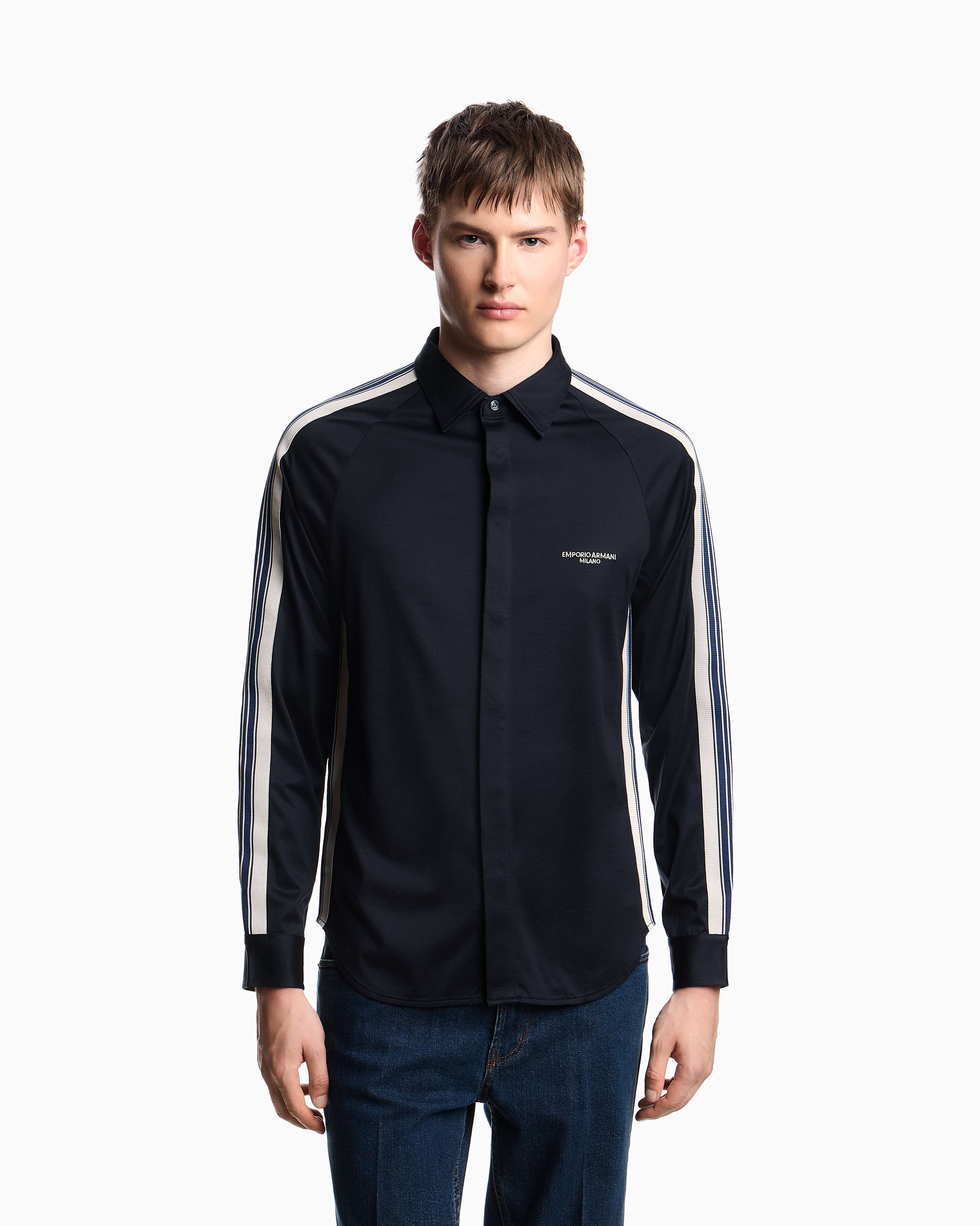 Emporio Armani - ASV slim-fit shirt Lyocell-blend jersey with bands, Man, Navy Blue, Size: