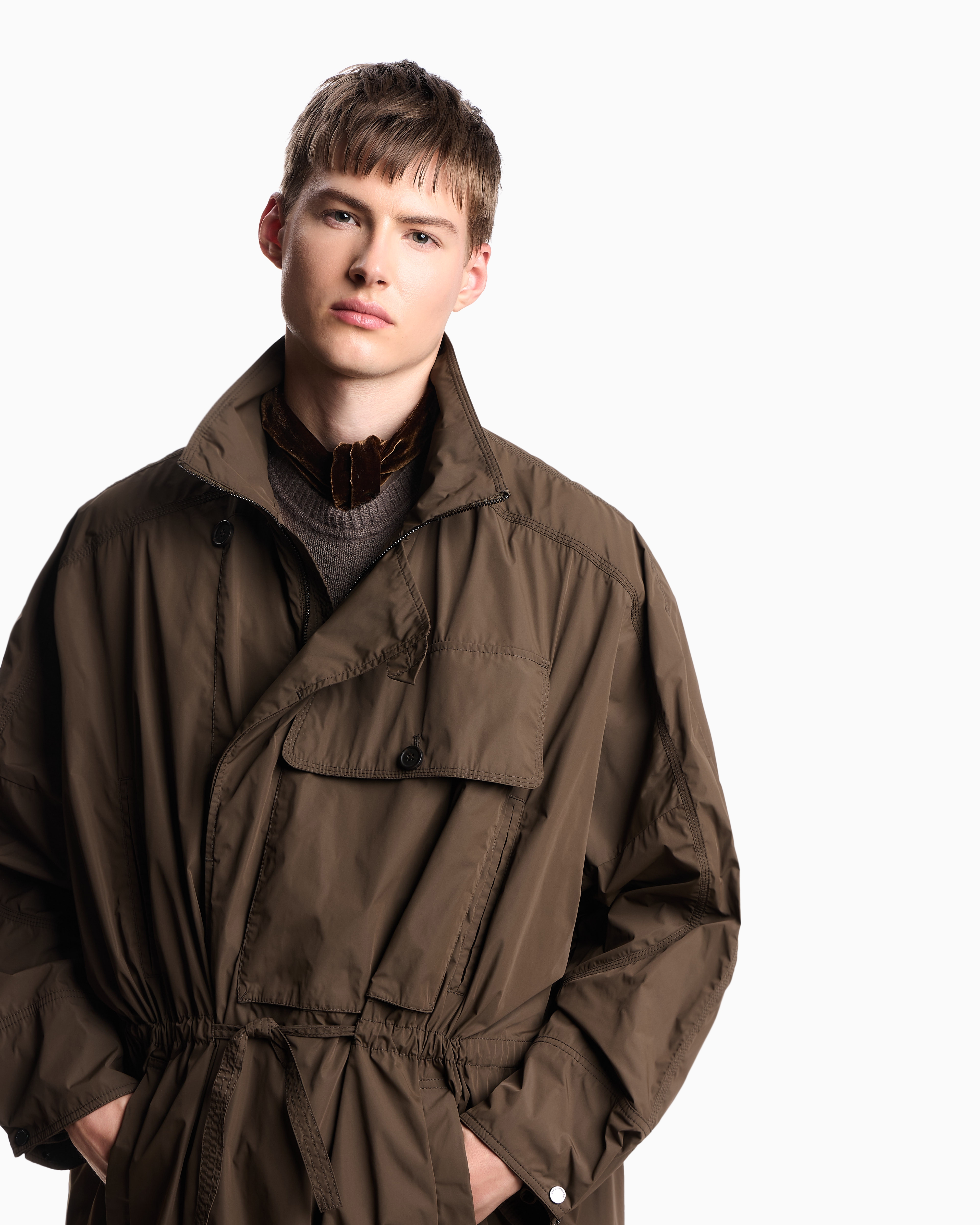Emporio Armani - Nylon trench coat with oversized pocket, Man, Brown, Size: