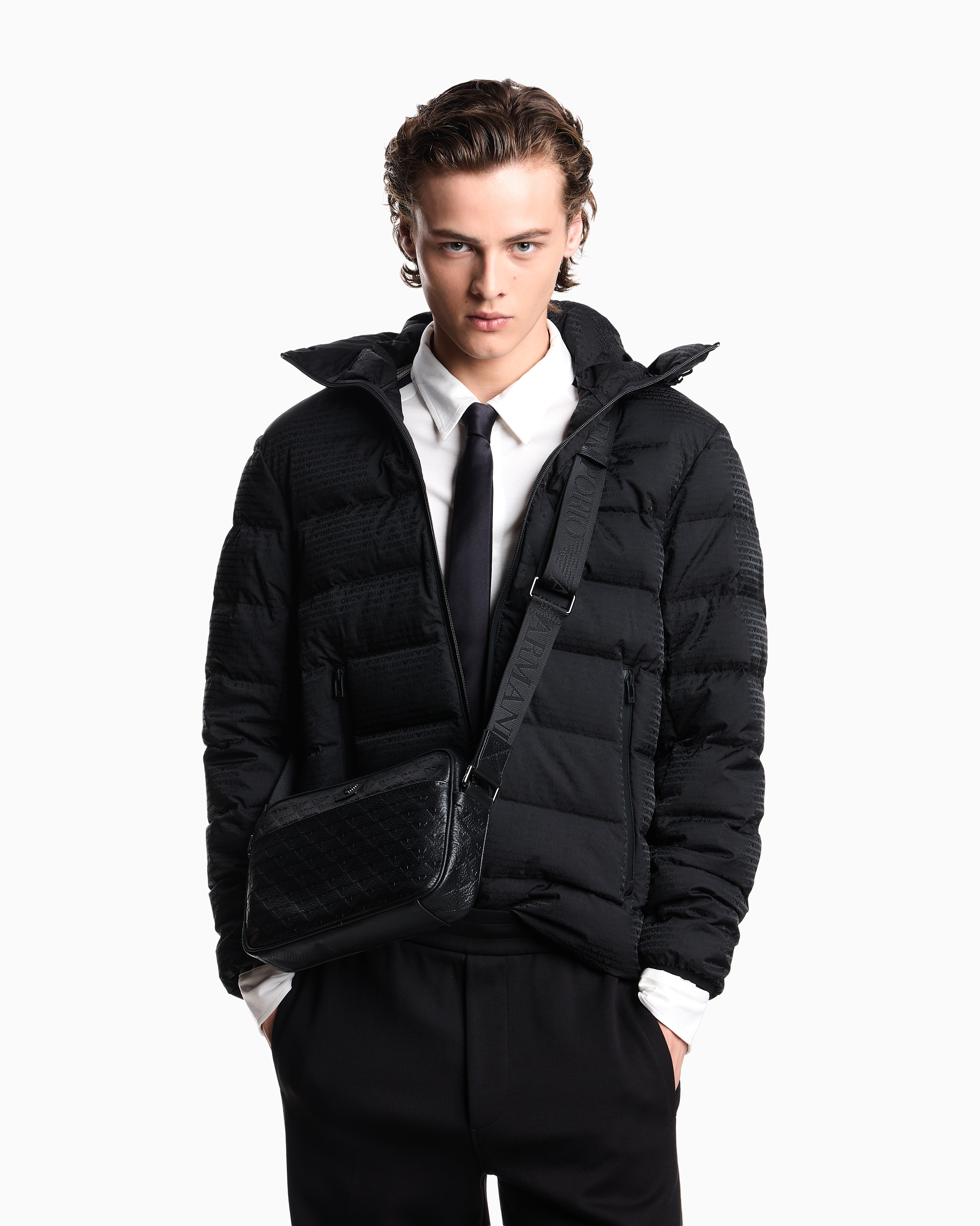 Emporio Armani - Leather shoulder bag with all-over embossed eagle , Man, Black, Size: TU