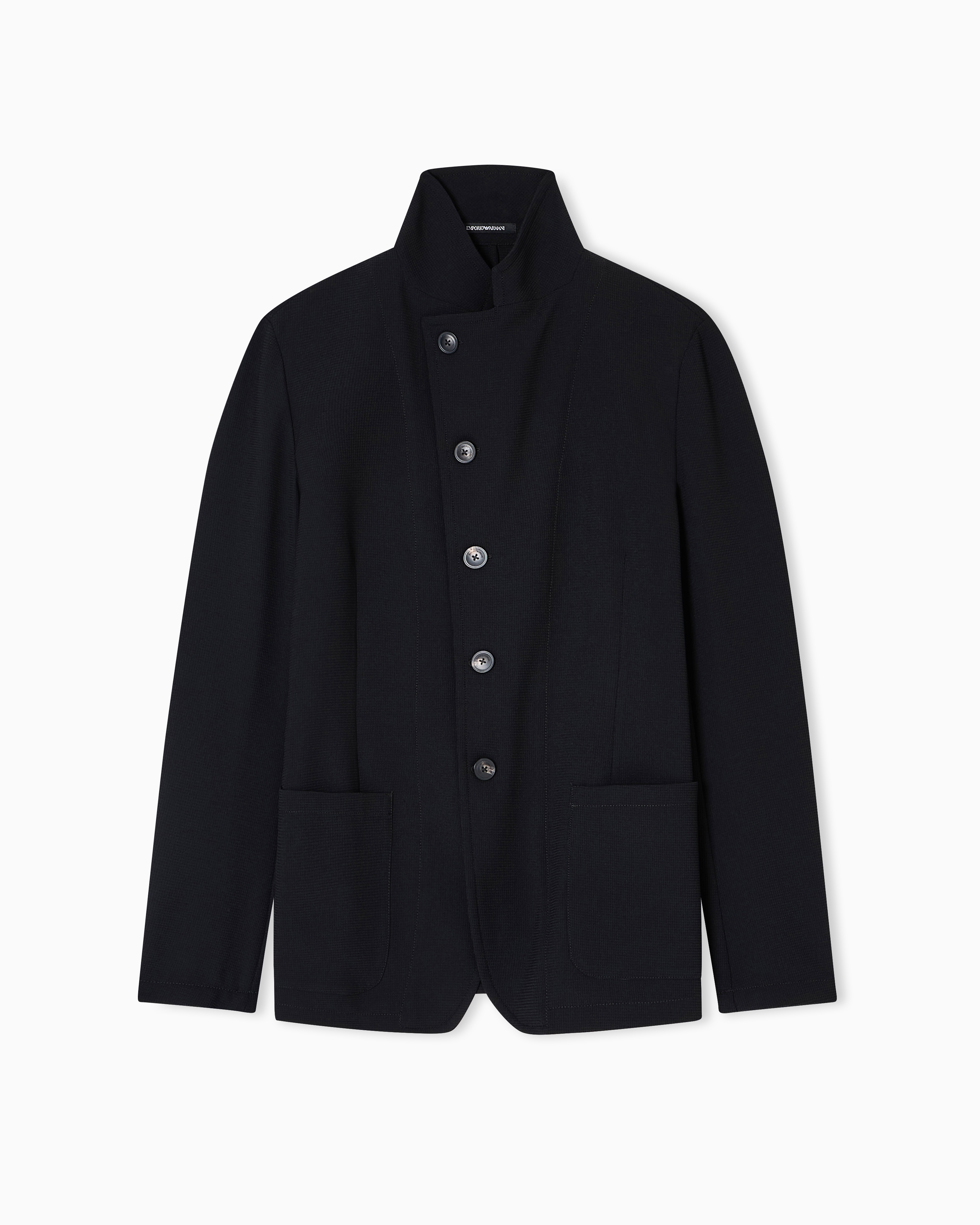 Emporio Armani - Icon guru-collar jacket with off-centre fastening, three-dimensional piqué-effect crêpe jersey, Man, Black, Size: