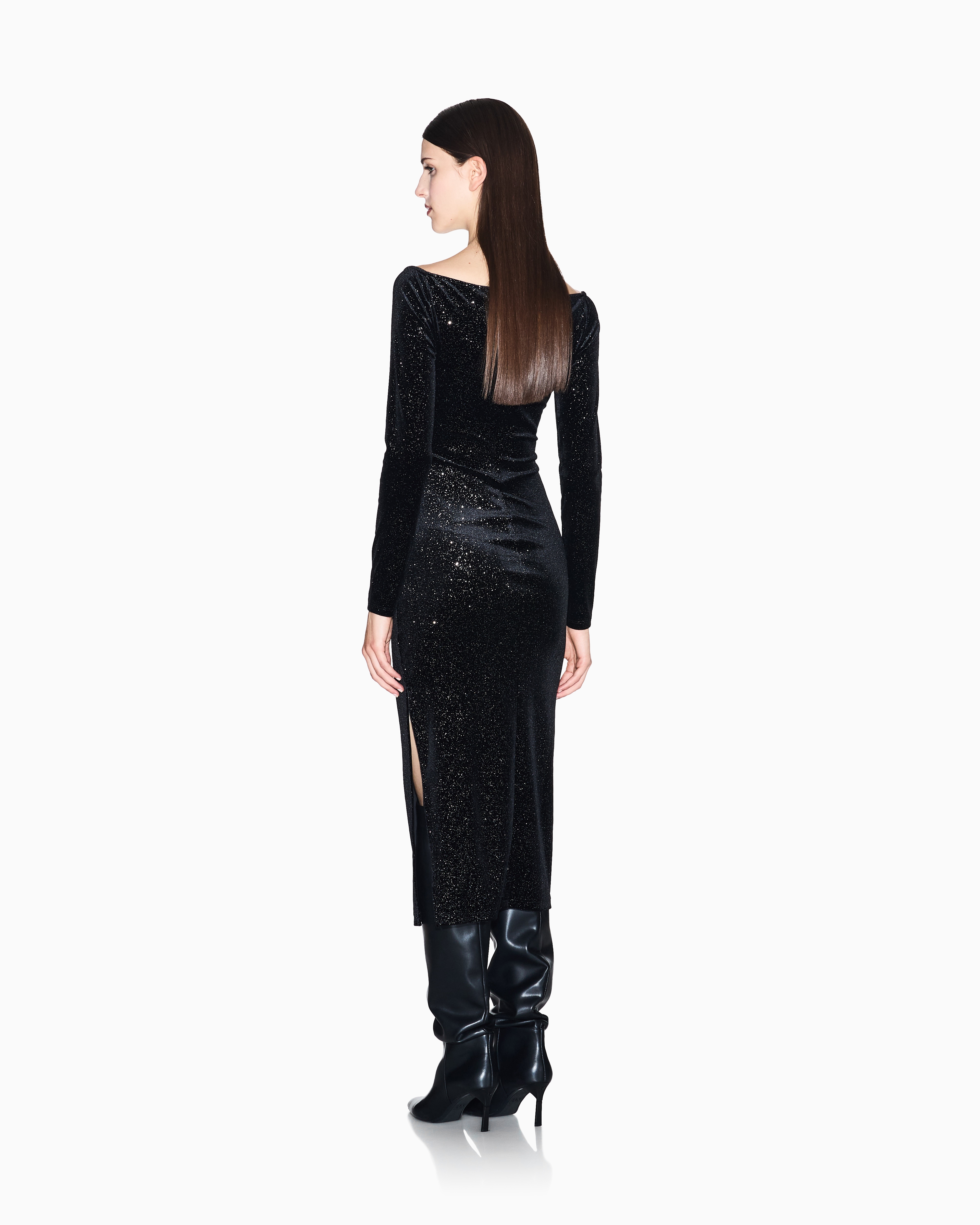 Armani Exchange - Black velvet midi dress with micro-glitter, Woman, Black, Size: