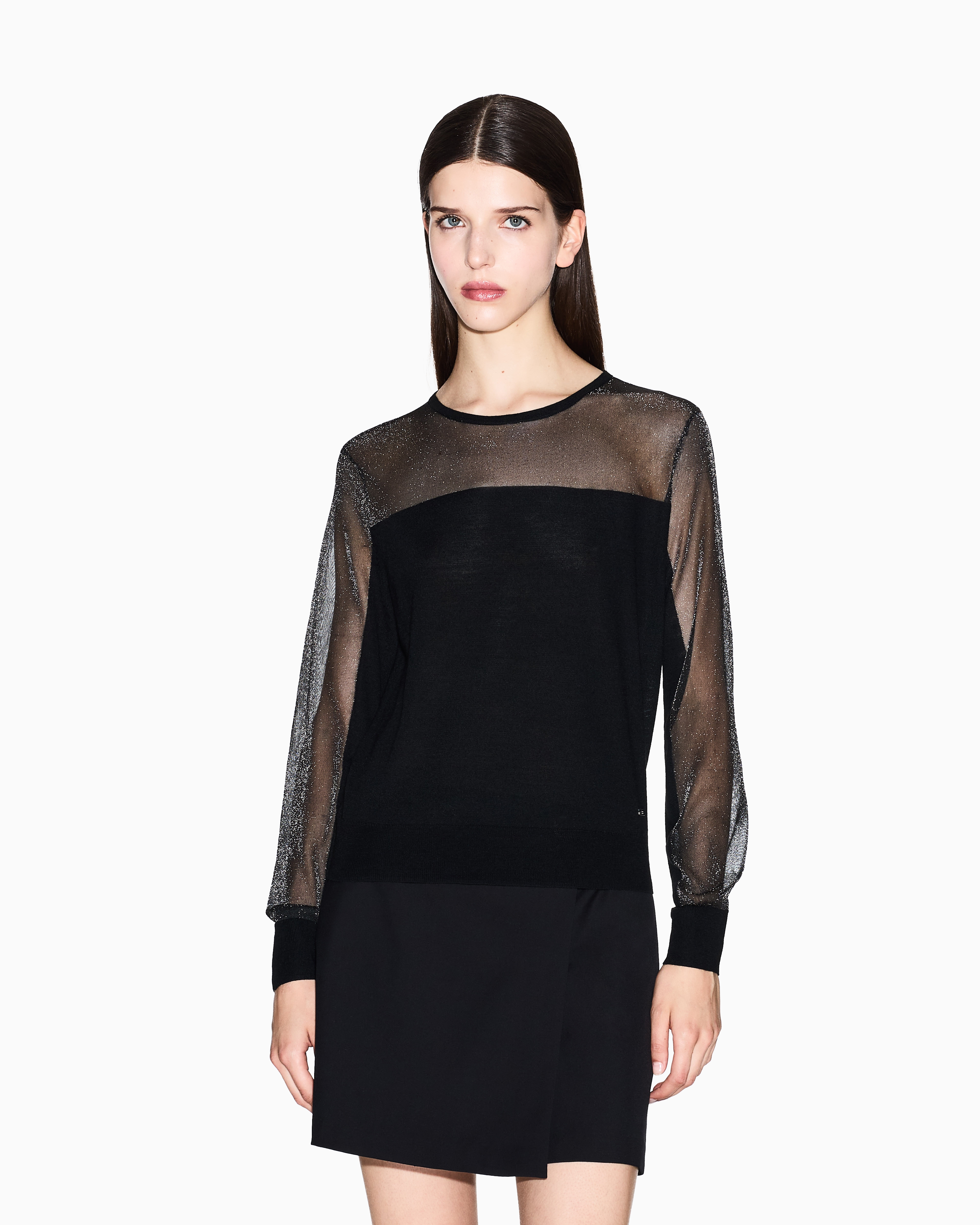 Armani Exchange - Sweater with transparent tulle details, Woman, Black, Size: