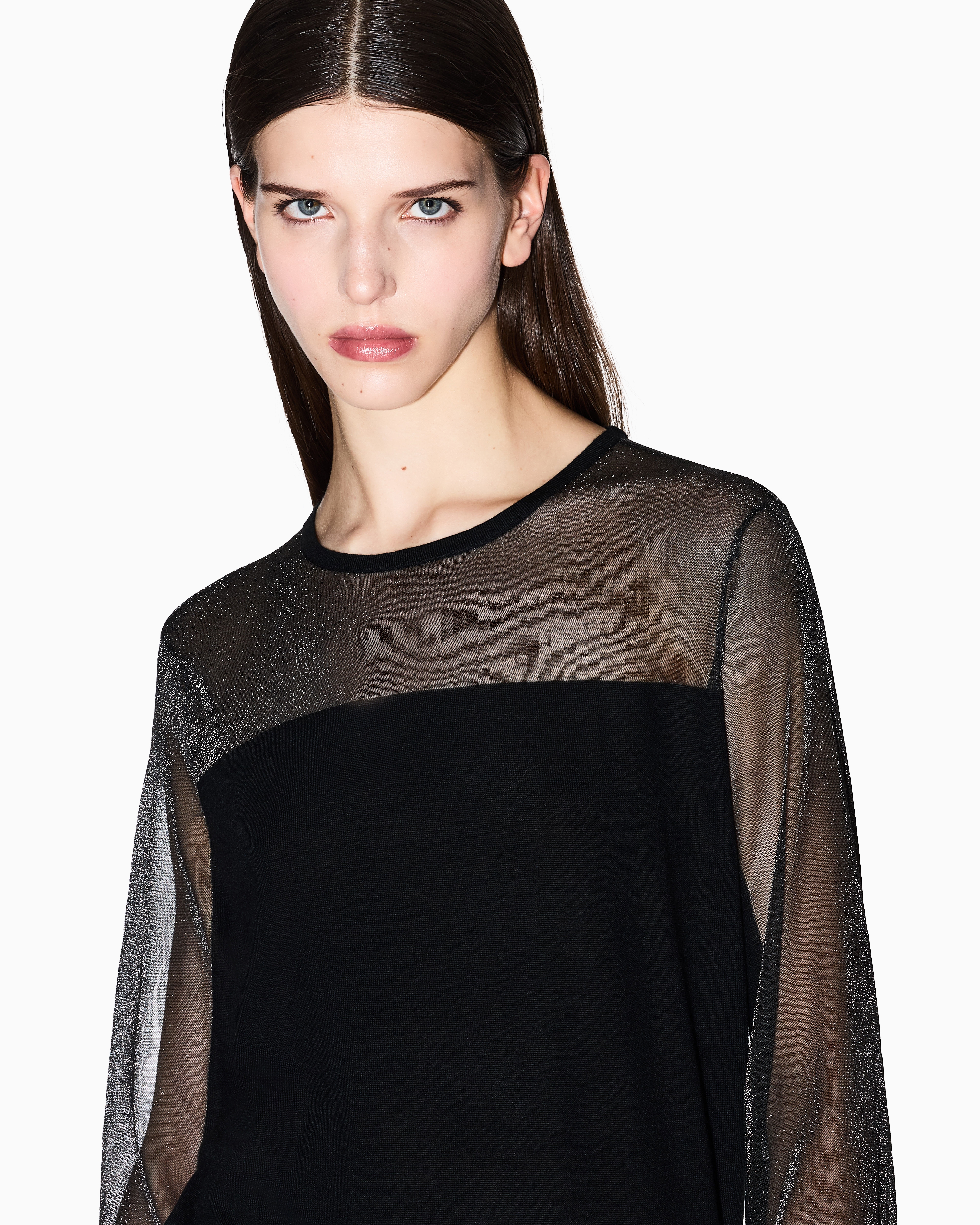 Armani Exchange - Sweater with transparent tulle details, Woman, Black, Size: