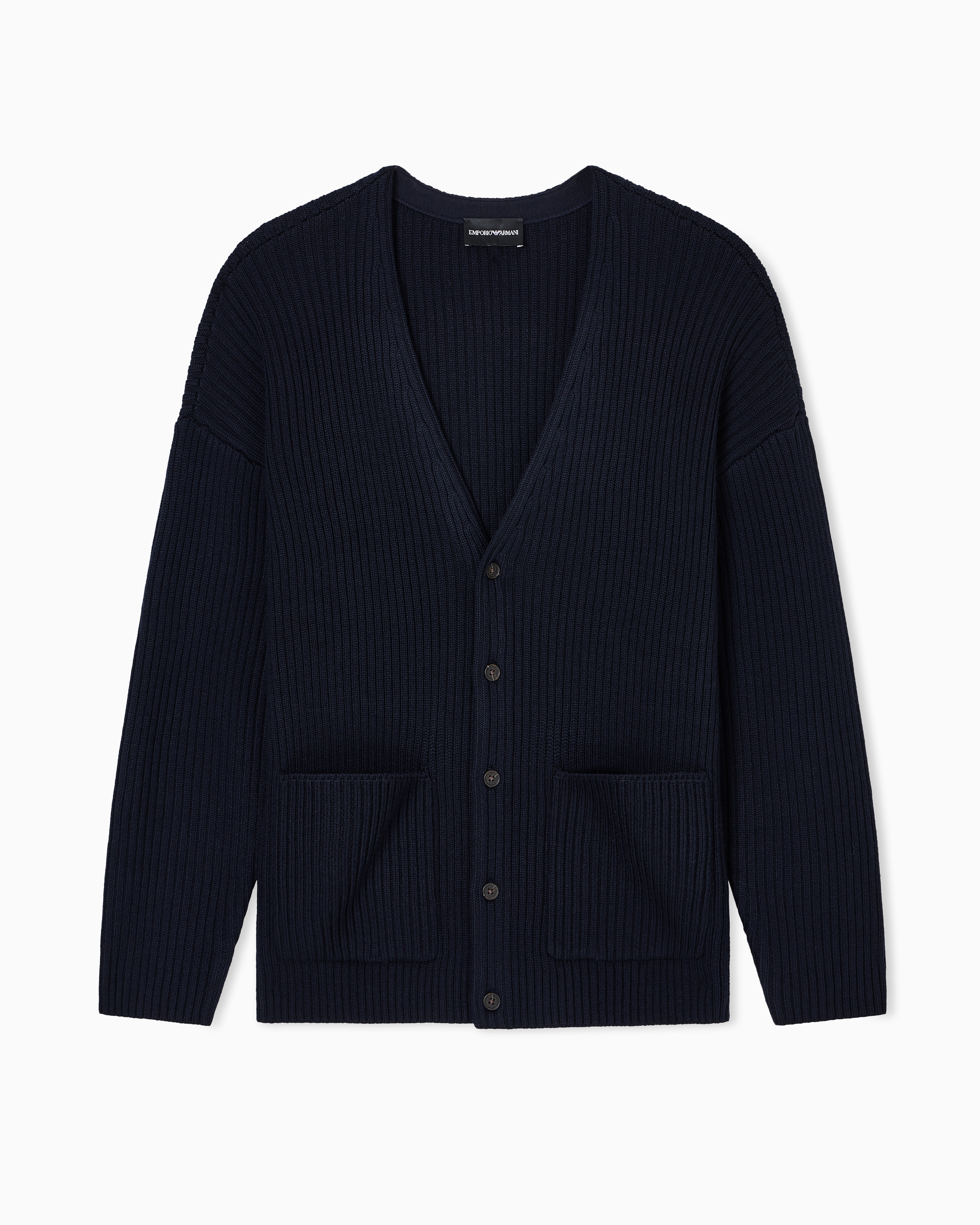 Emporio Armani - Ribbed wool-blend V-neck cardigan, Man, Navy Blue, Size: