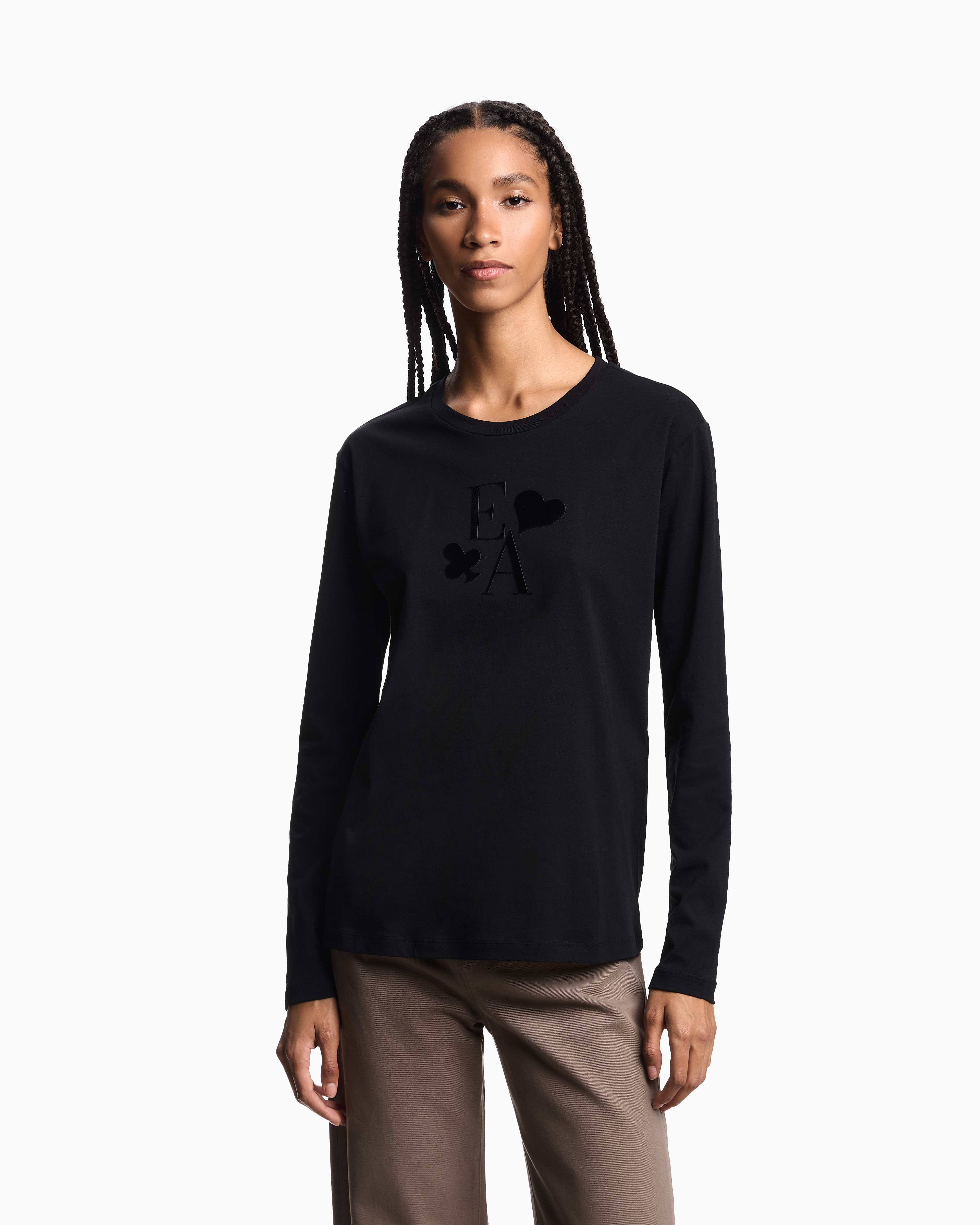 Emporio Armani - ASV organic-jersey long-sleeved T-shirt with a flocked logo print, Woman, Black, Size: