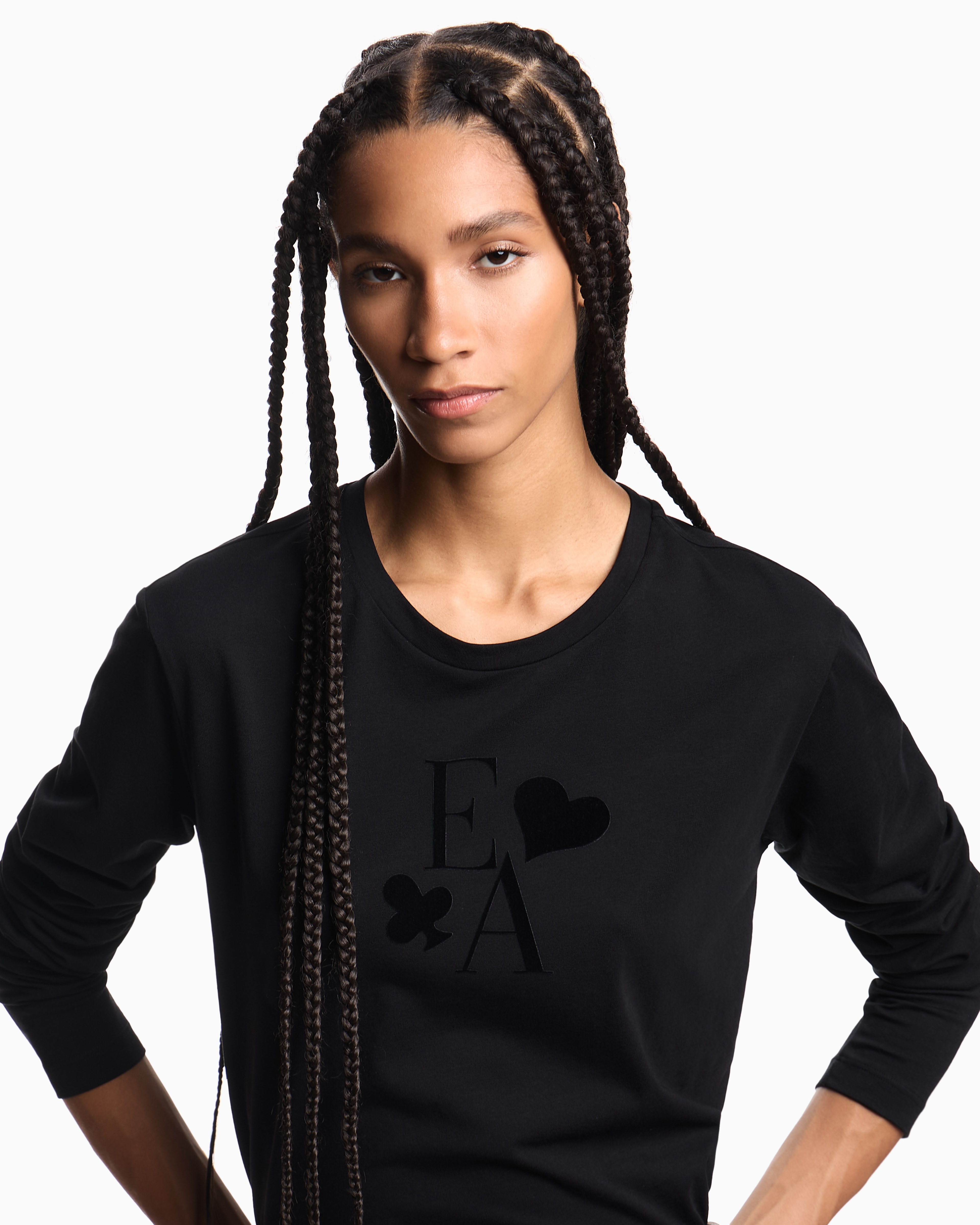 Emporio Armani - ASV organic-jersey long-sleeved T-shirt with a flocked logo print, Woman, Black, Size: