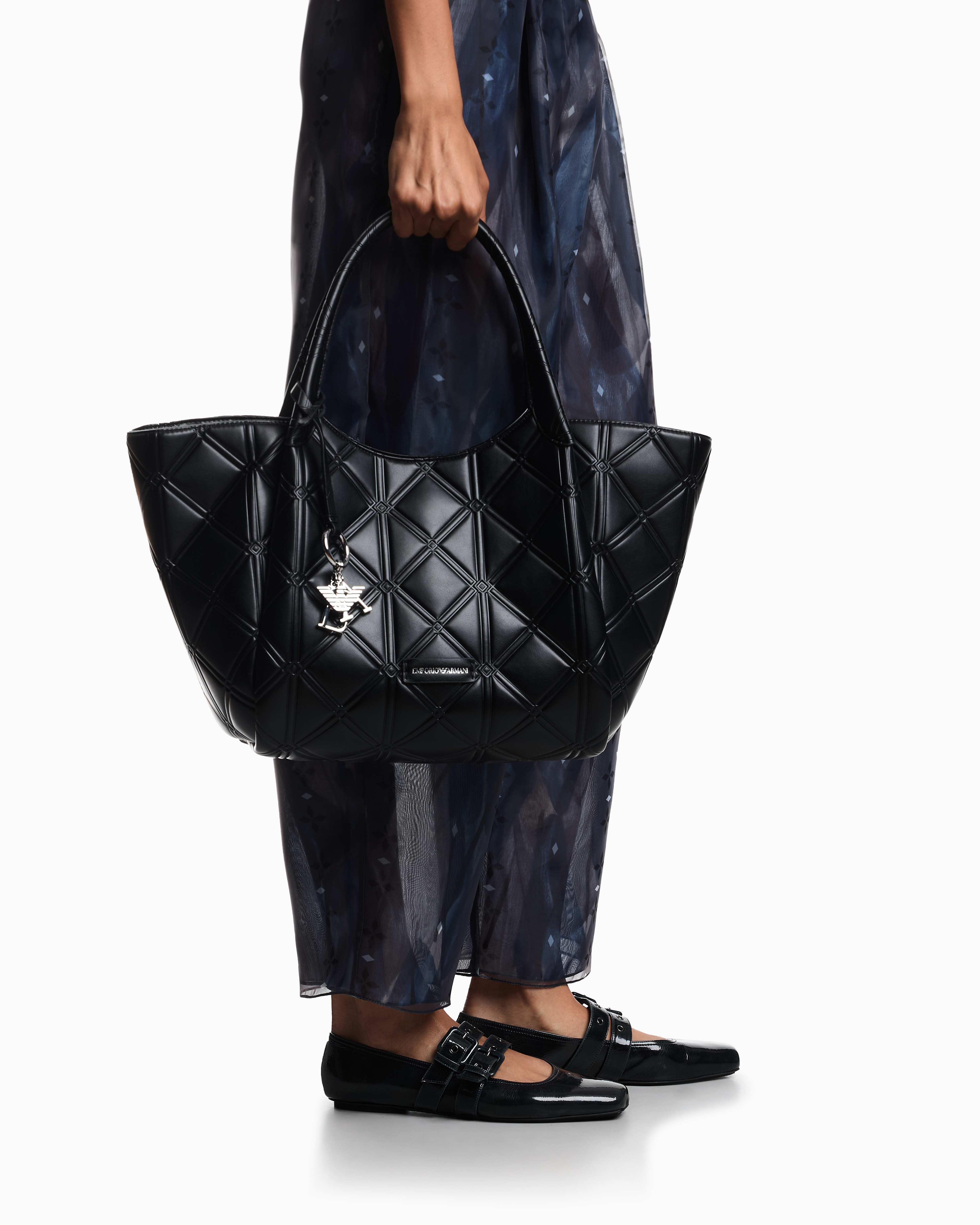 Emporio Armani - Nappa leather-effect shopper bag with embossed motif, Woman, Black, Size: TU