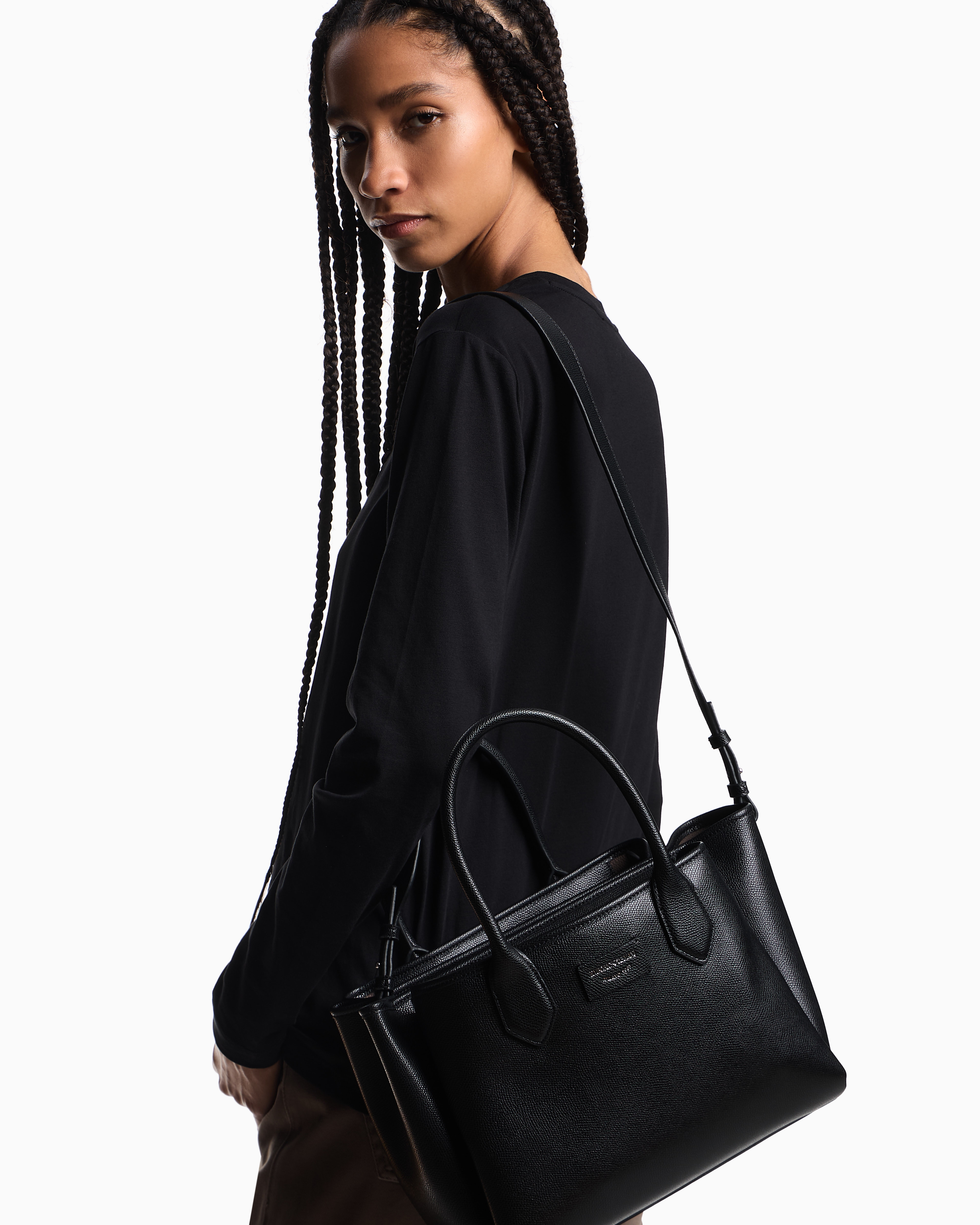 Emporio Armani - Medium shopper bag with palmellato finish, Woman, Black, Size: TU