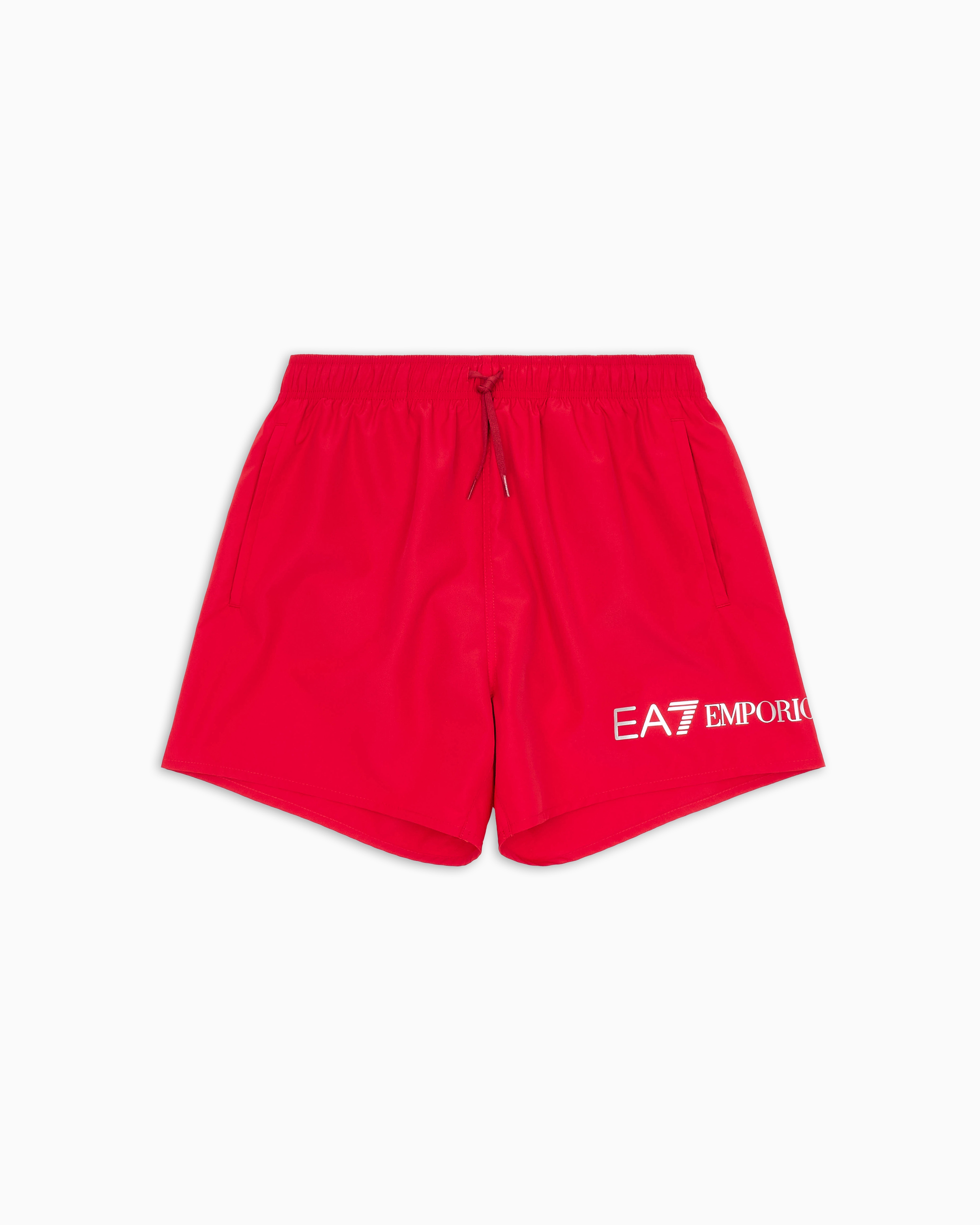 Ea7 Red Swim Shorts With A Drawstring Waist And Side Pockets