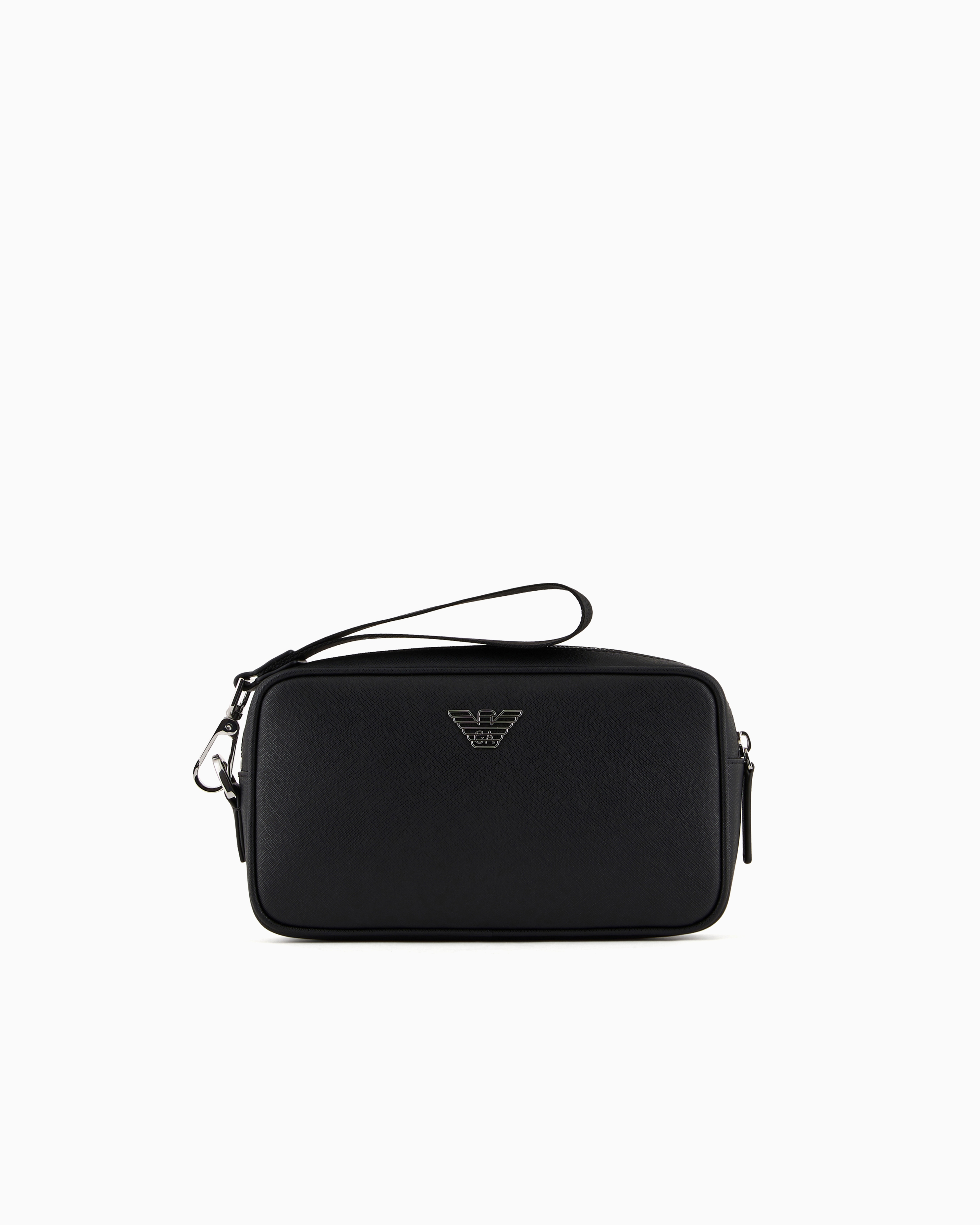 Emporio Armani Black Regenerated Saffiano Leather Washbag With Eagle Plate