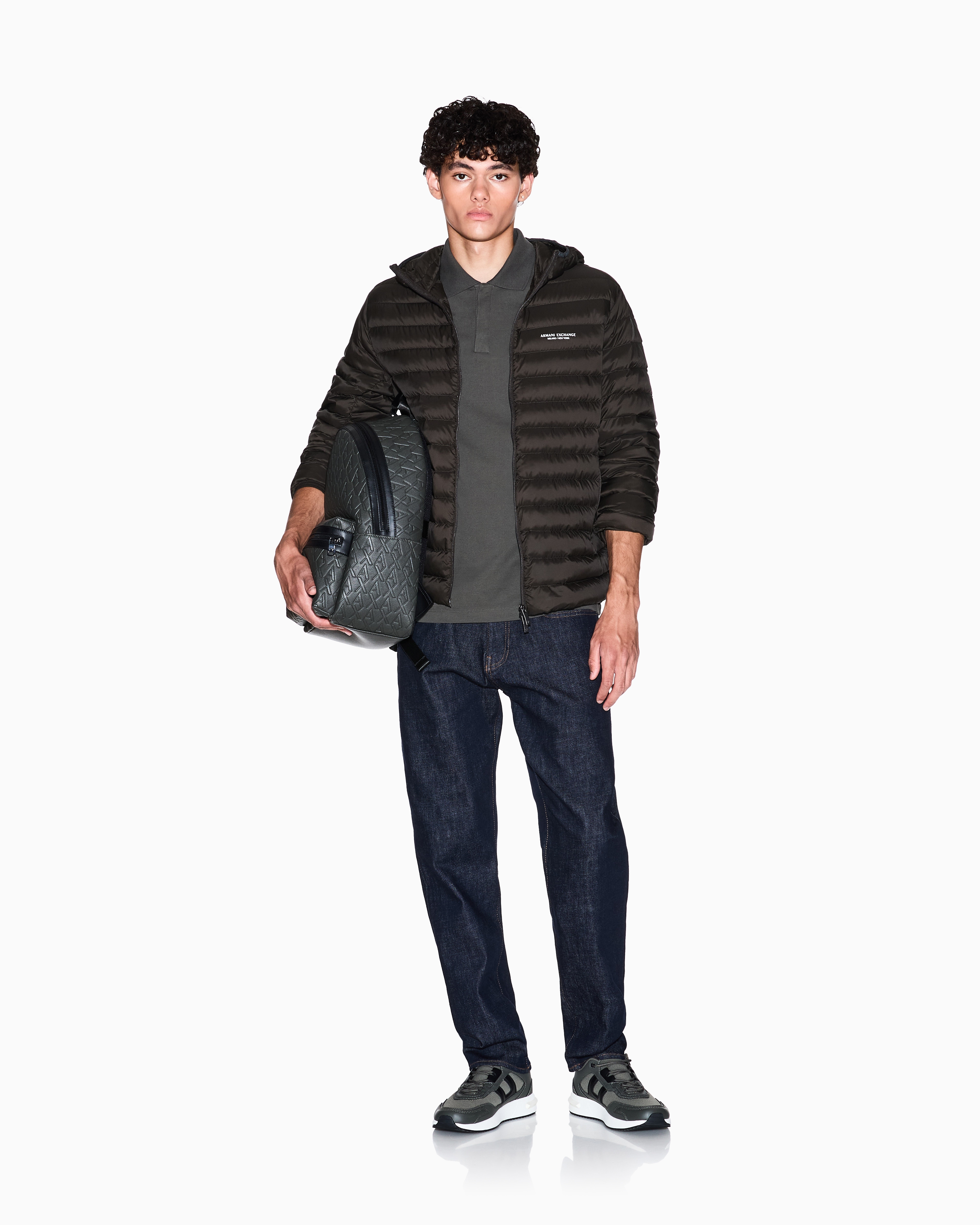 Armani Exchange - Full zip down jacket with hood, Man, Brown, Size: