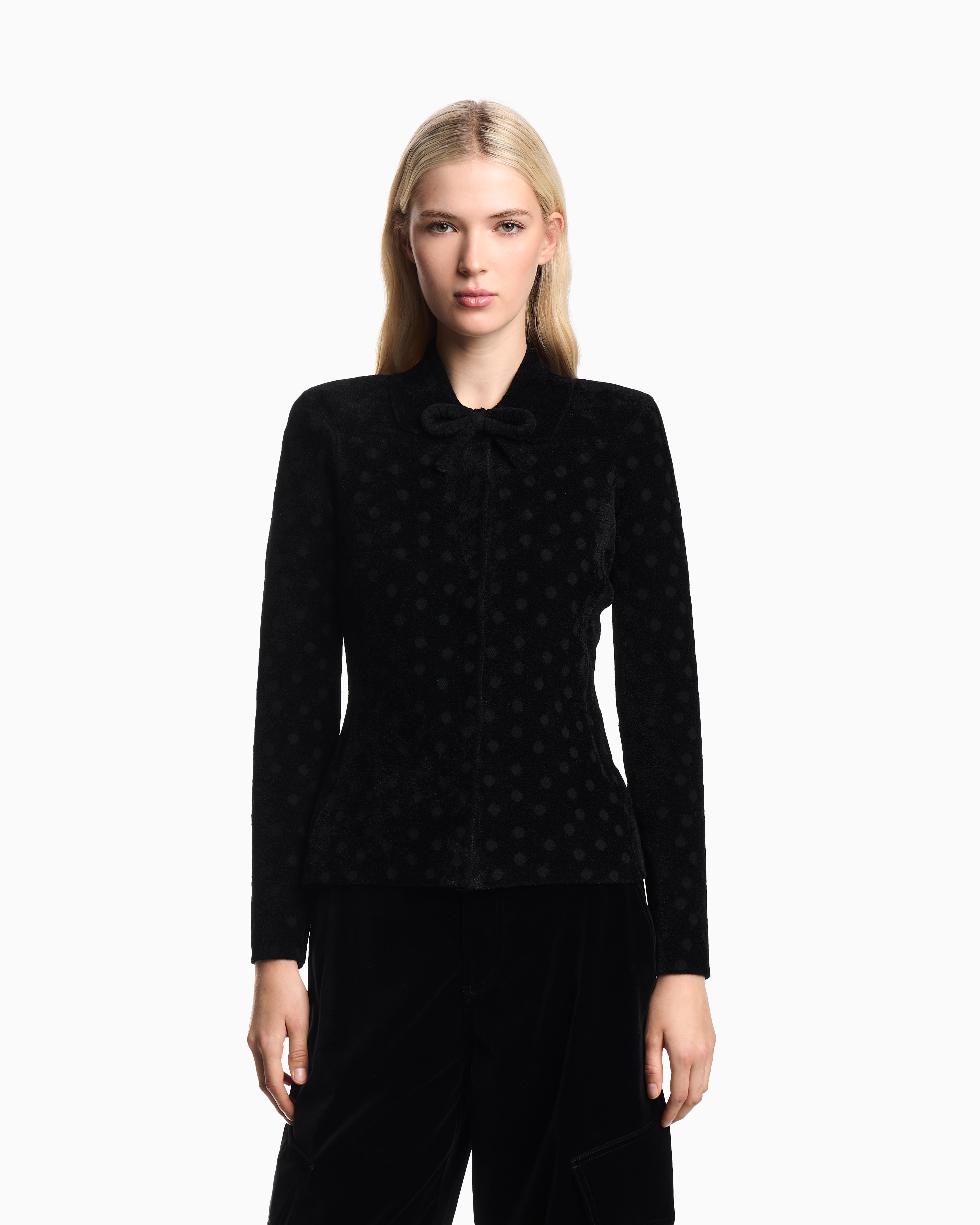Emporio Armani - Polka-dot jacquard bonded chenille jacket with bow, Woman, Black, Size: