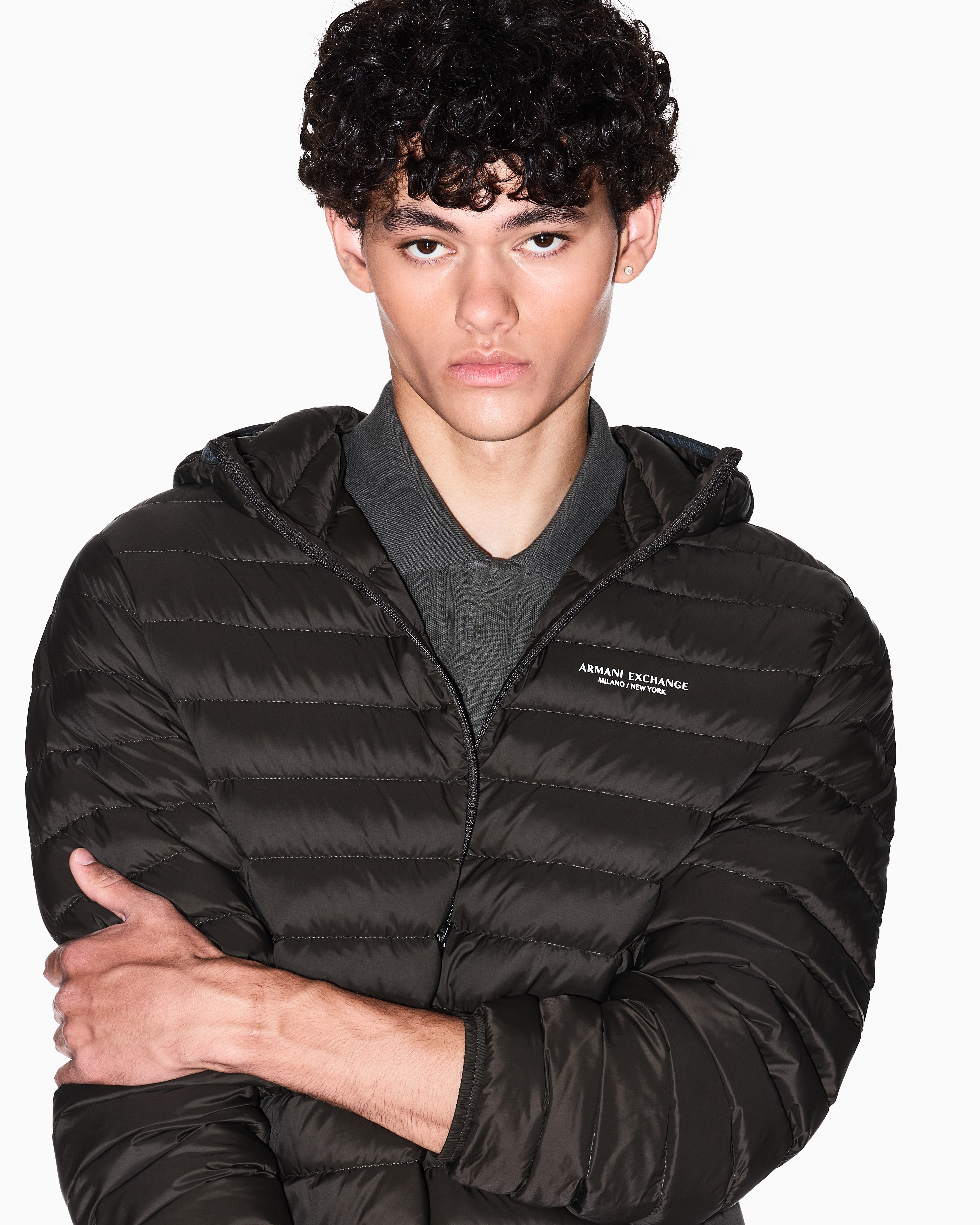 Armani Exchange - Full zip down jacket with hood, Man, Brown, Size: