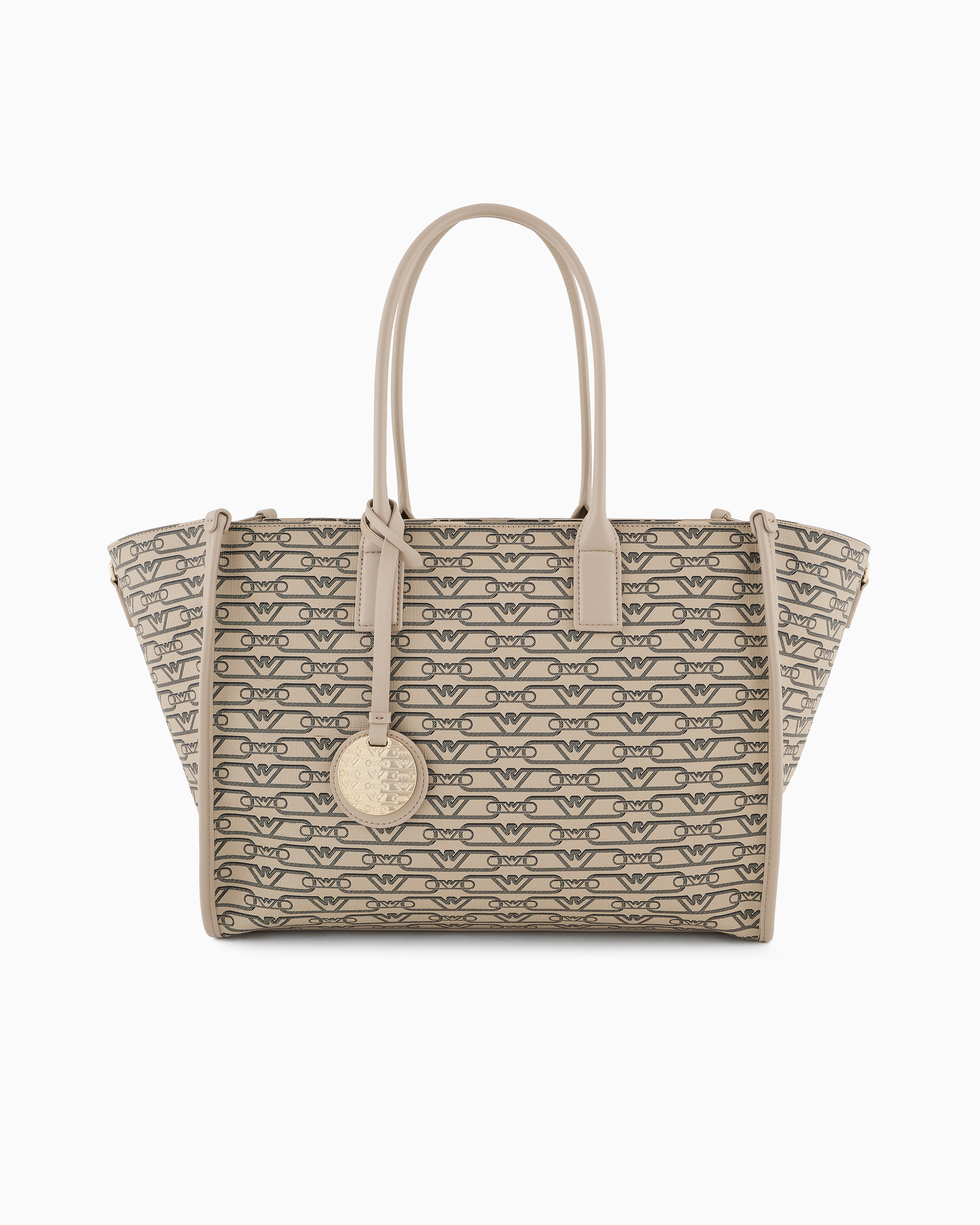 Emporio Armani - Medium shopper bag with all-over monogram print, Woman, Beige, Size: TU