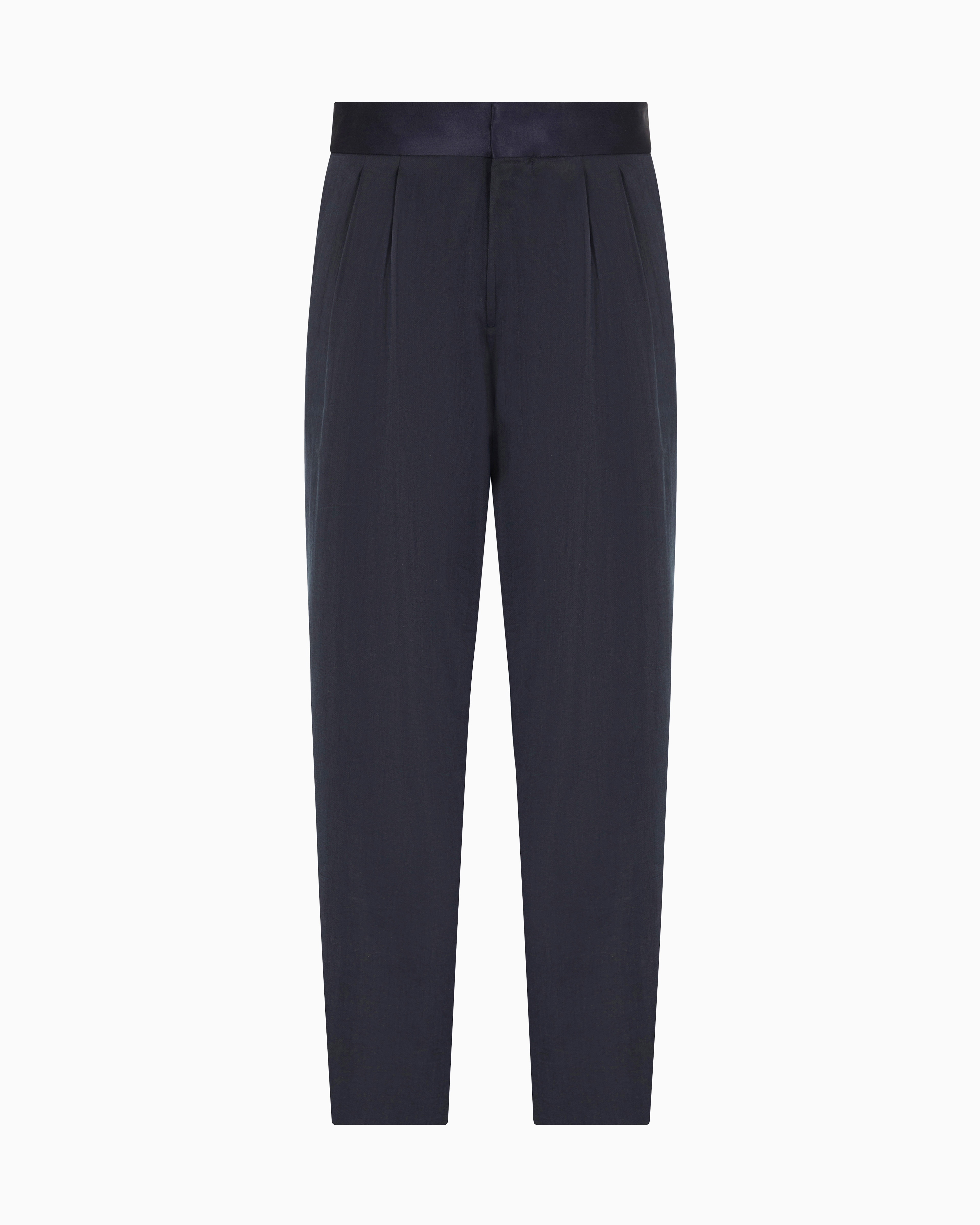 Giorgio Armani Men's Black Double Pleat Trousers In Washed Silk Blend With Satin