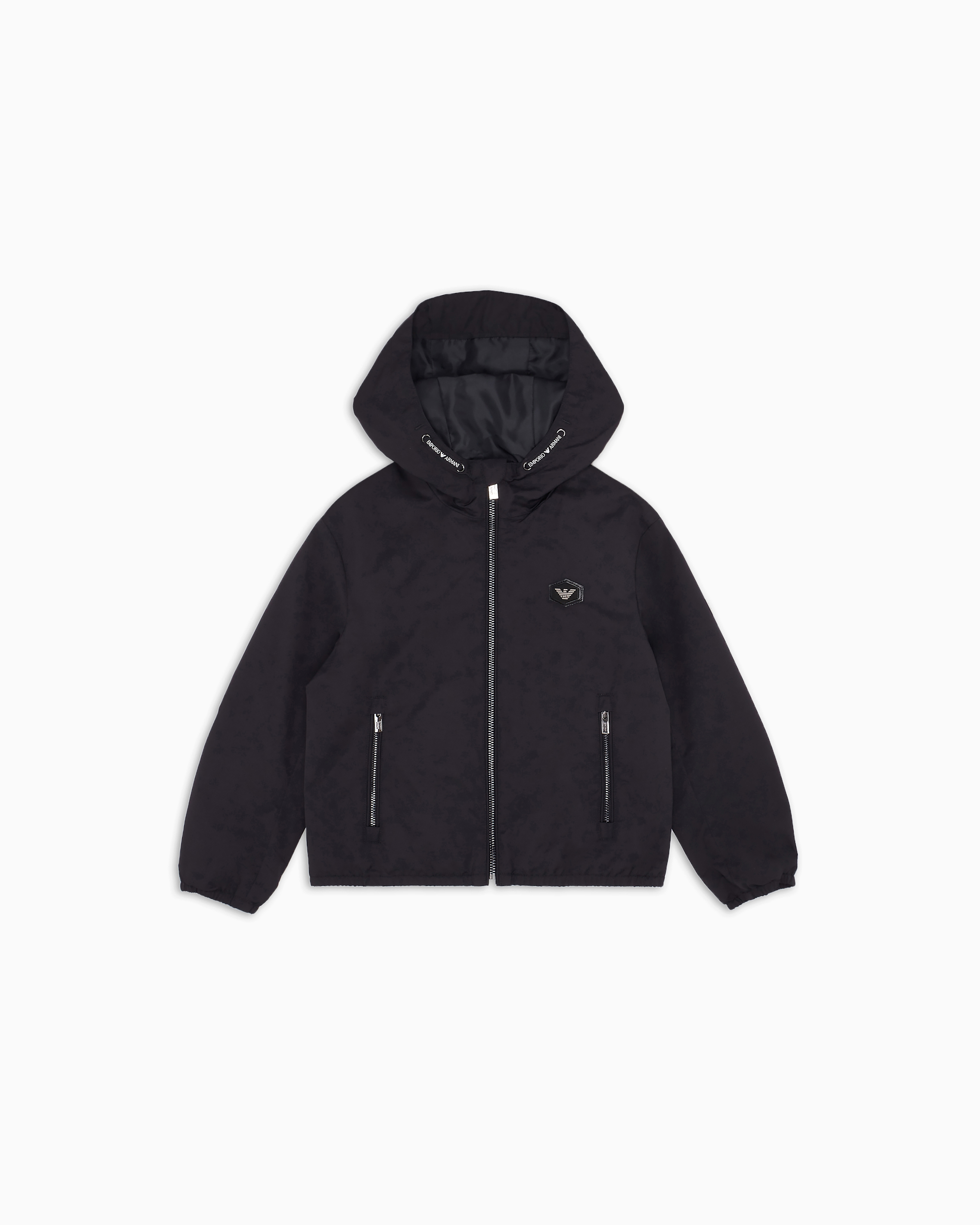 Emporio Armani - Hooded, water-repellent nylon jacket with logo patch, Boy, Navy Blue, Size: