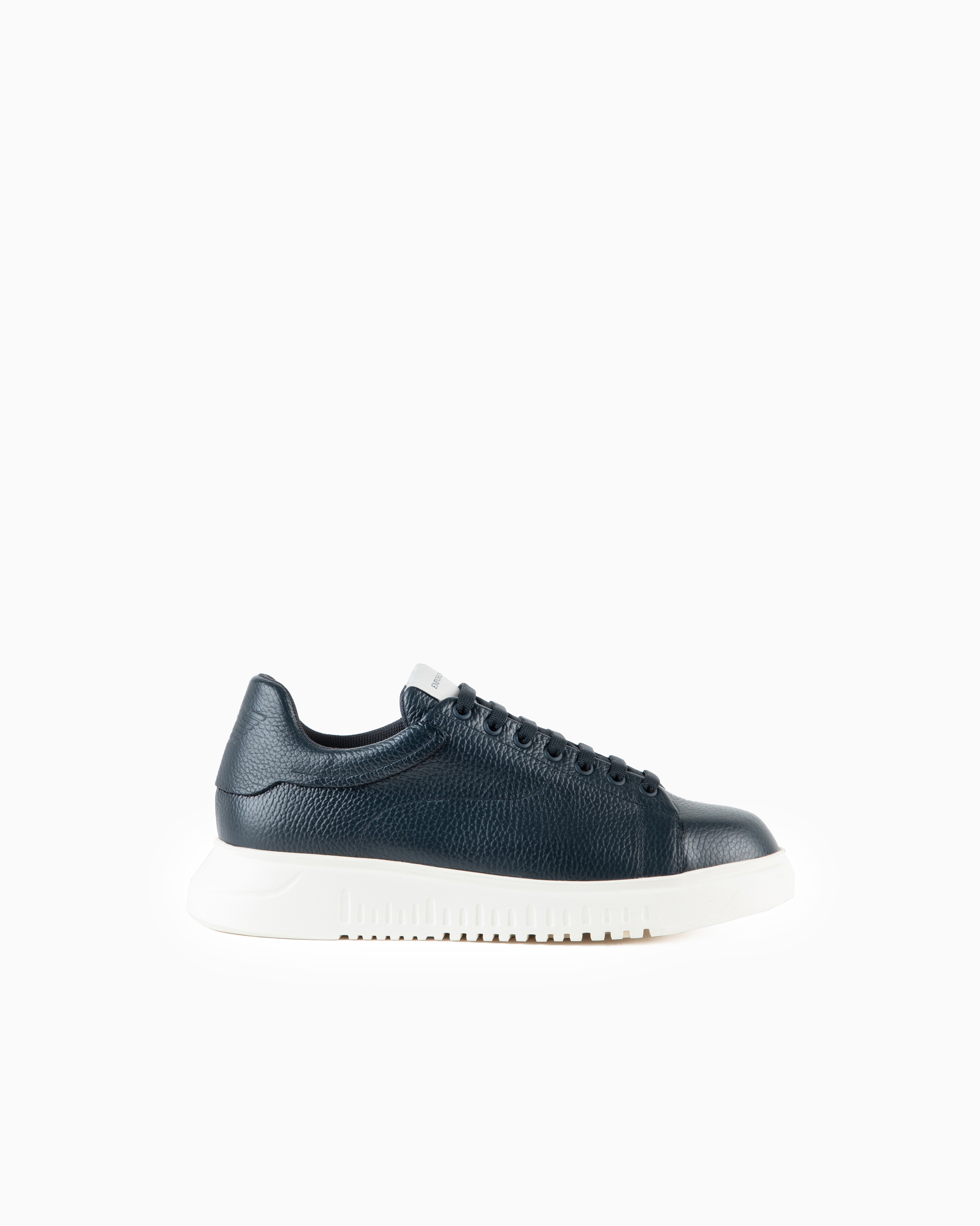 Emporio Armani Blue Low-Top Sneaker In Tumbled Leather Essential