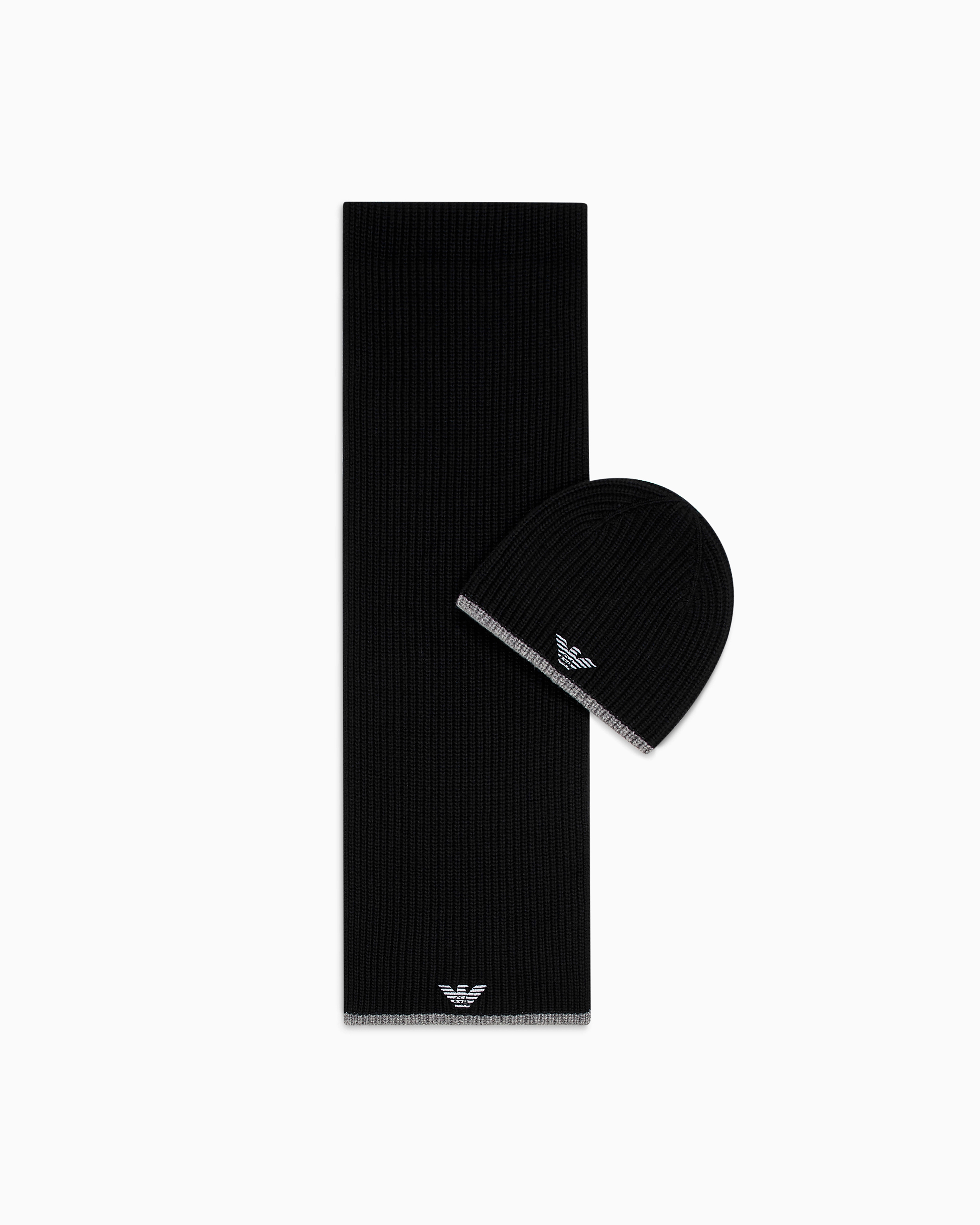 Emporio Armani - Hat and scarf set with embroidered eagle, Man, Black, Size: TU