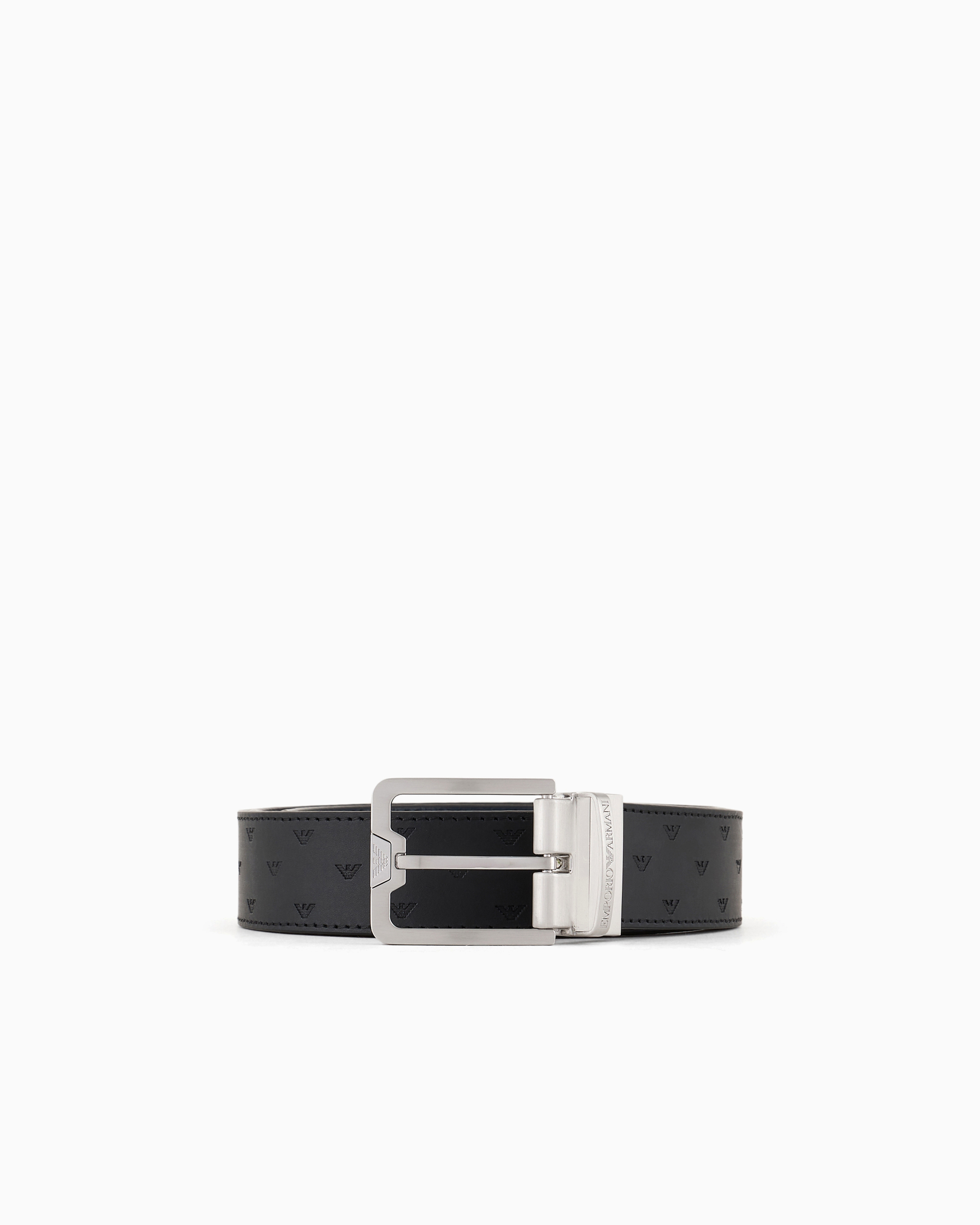 Emporio Armani Black Reversible Leather Belt With All-Over Embossed Eagle
