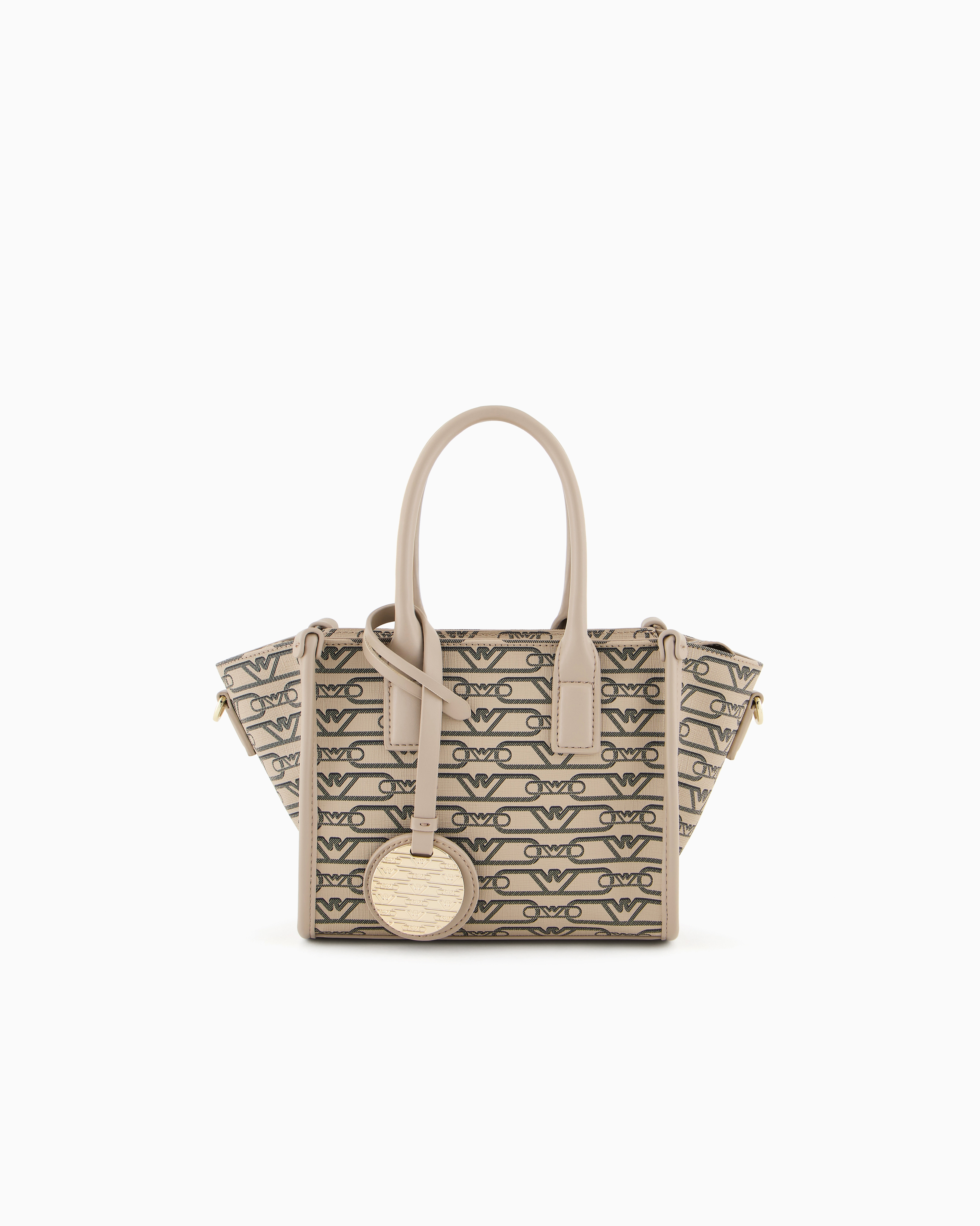 Emporio Armani - Small shopper bag with all-over monogram print, Woman, Beige, Size: TU