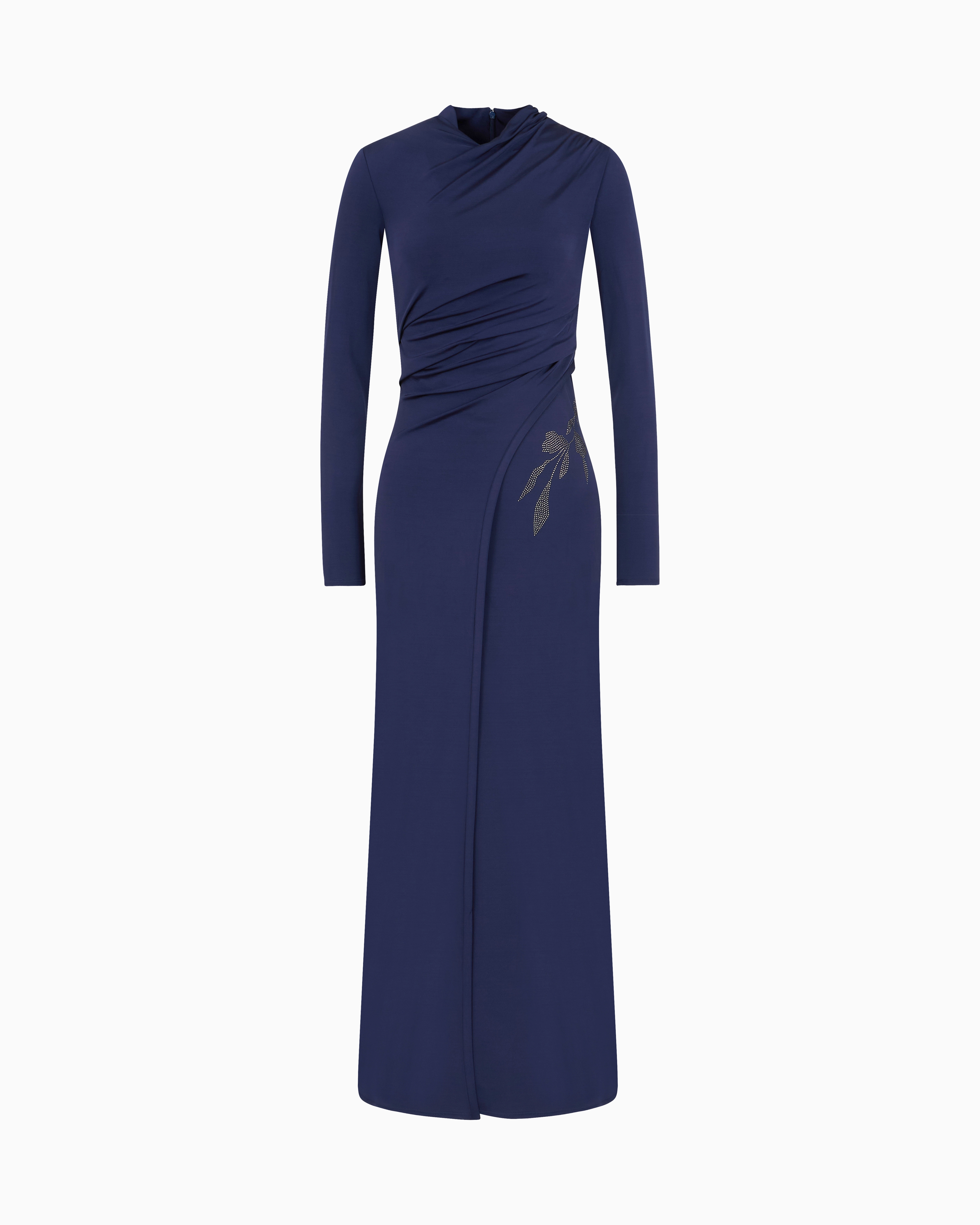 Giorgio Armani Blue Asv Long Dress In Stretch Viscose Jersey With Rhinestones