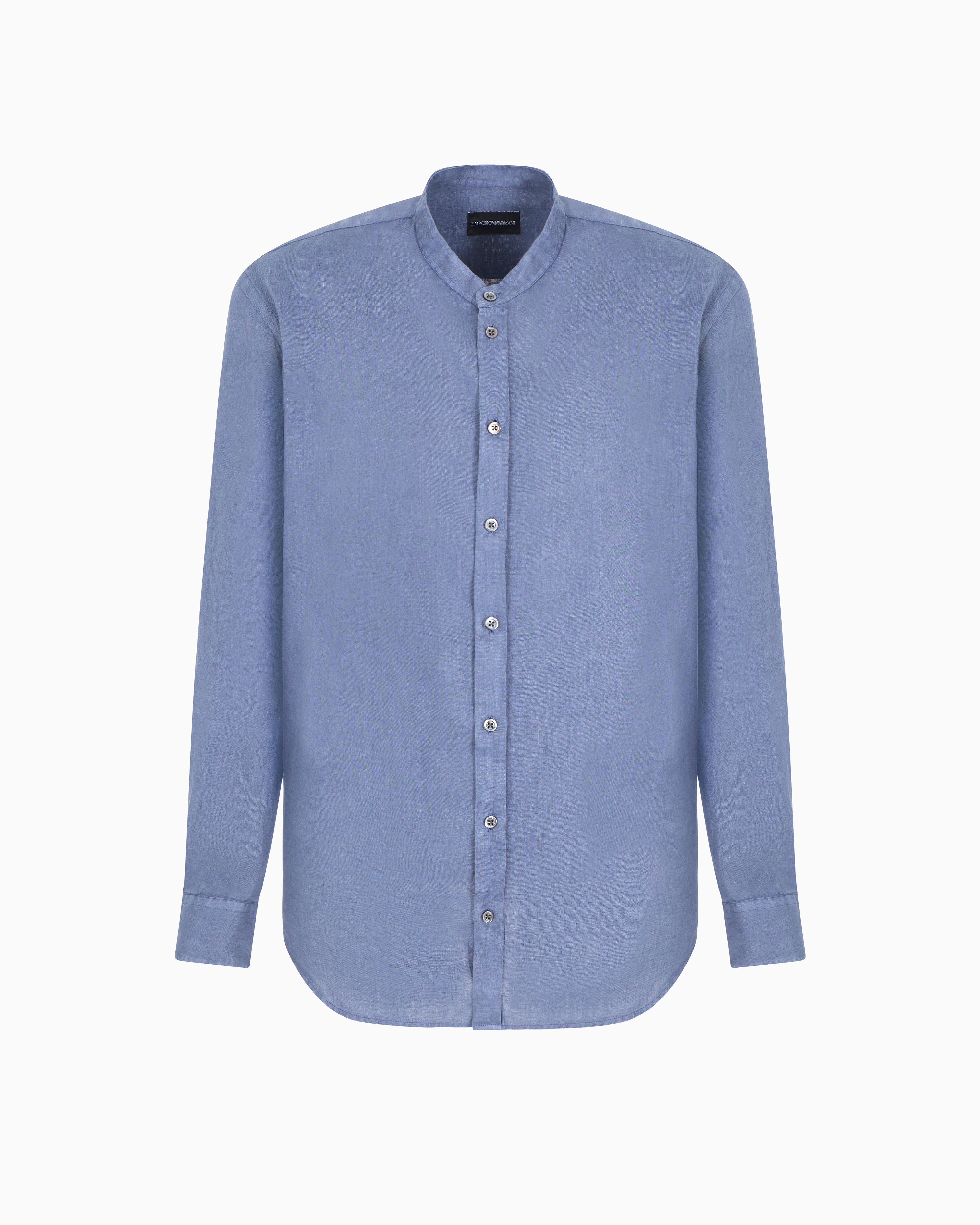 Emporio Armani - Garment-dyed linen shirt with guru collar, Man, Light Blue, Size: