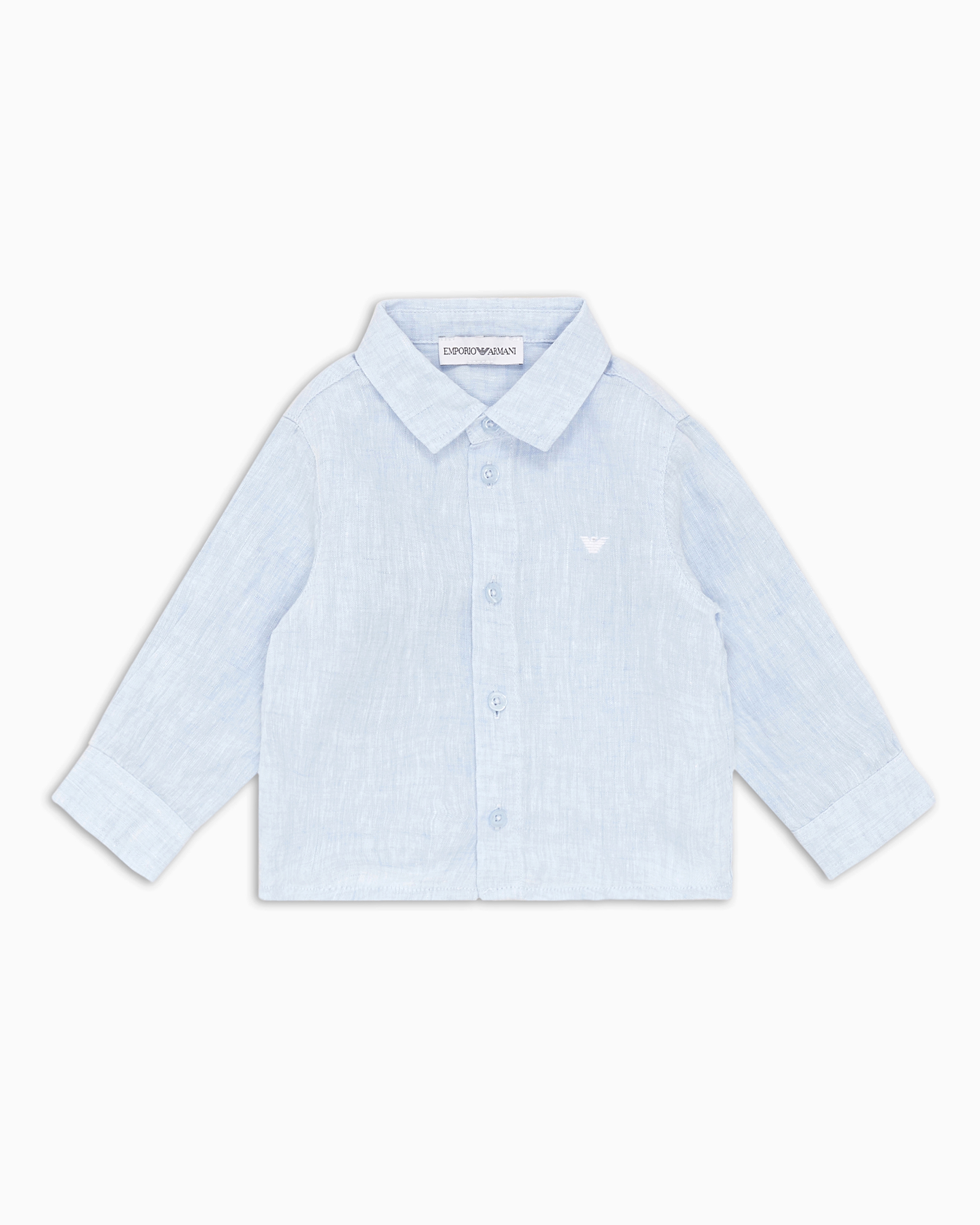 Emporio Armani - Linen shirt with eagle embroidery, Boy, Light Blue, Size: