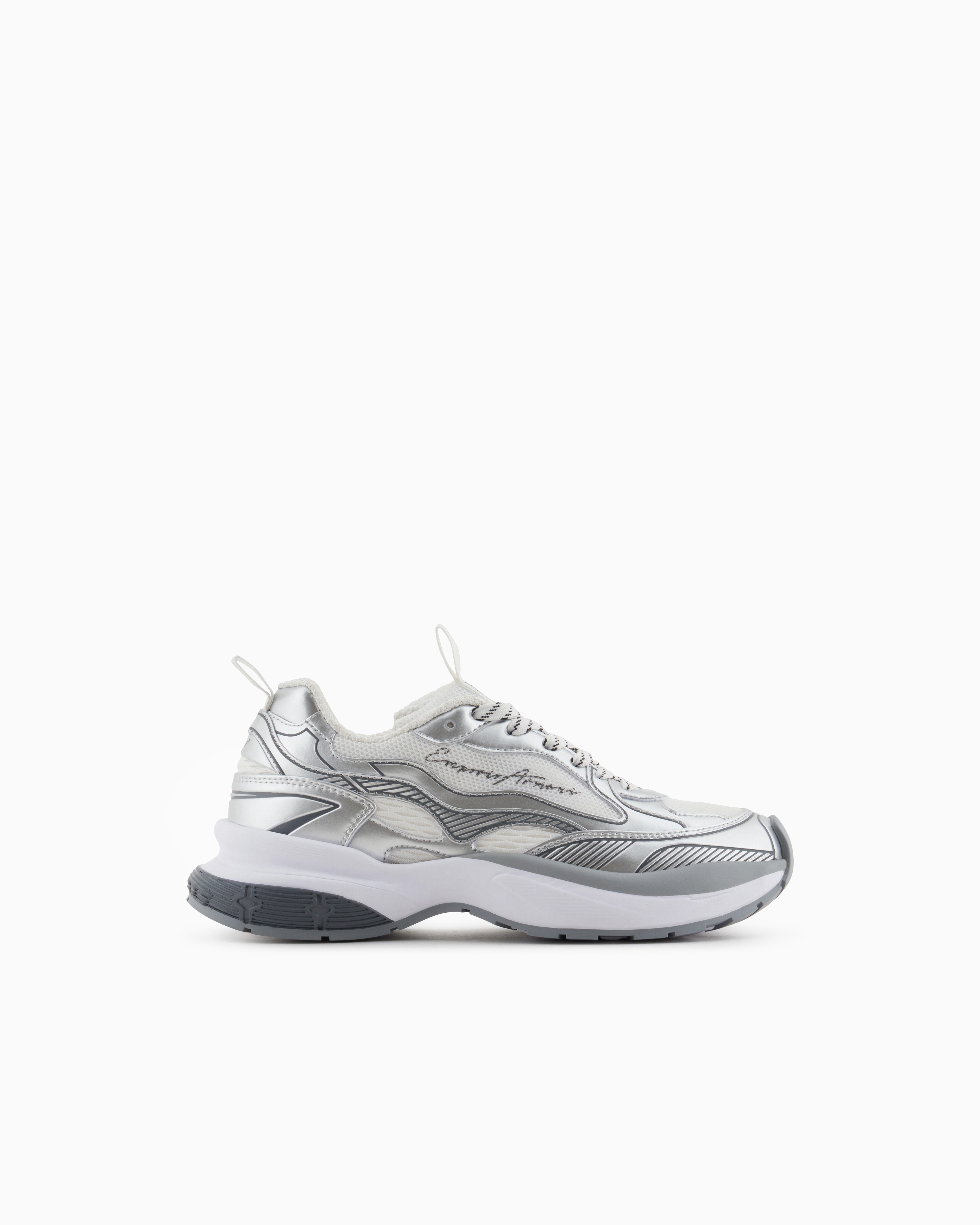 Emporio Armani Silver Mesh Sneakers With Laminated Details And Signature Logo