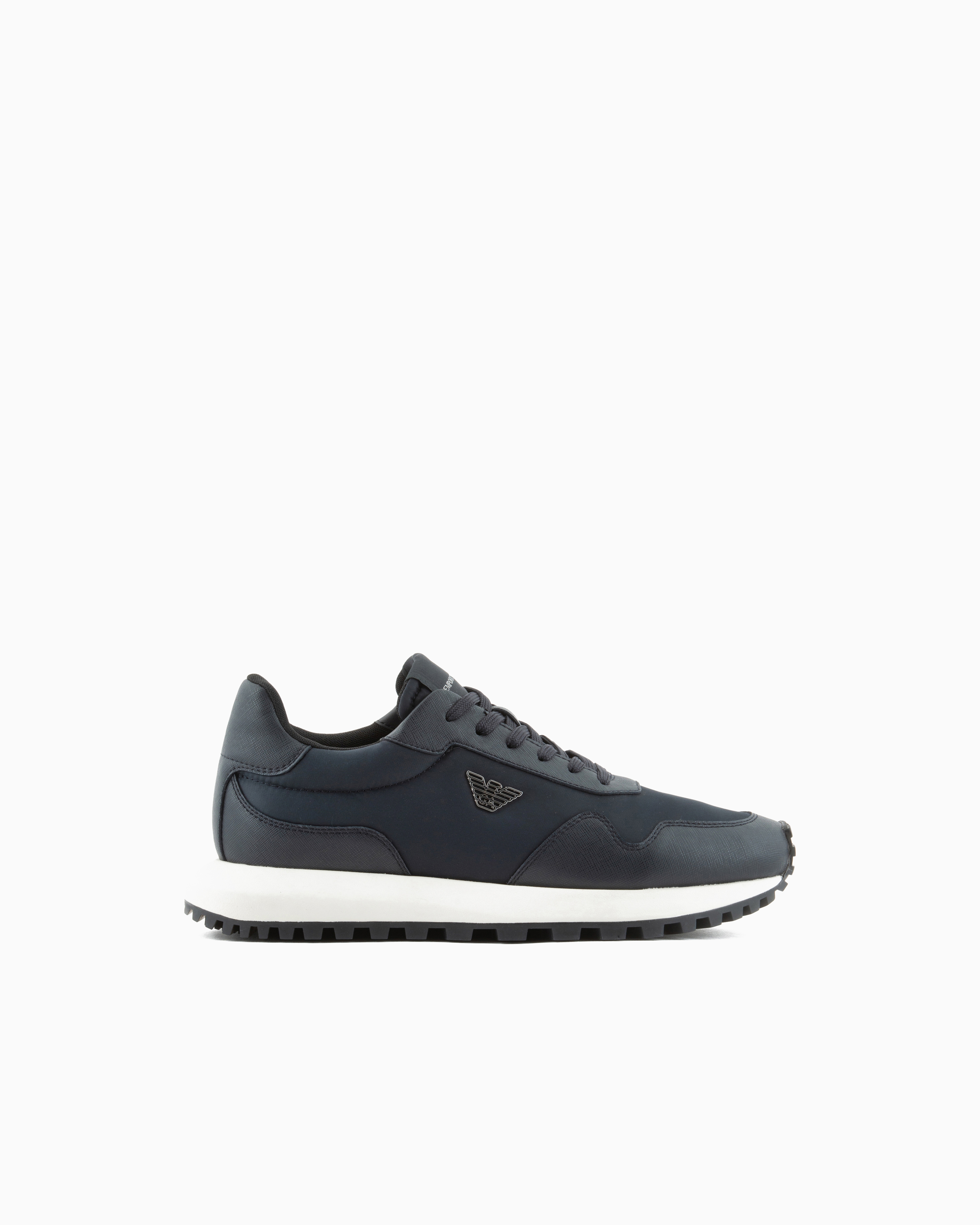 Emporio Armani Navy Blue Saffiano Detail Sneaker With Logo And Laces