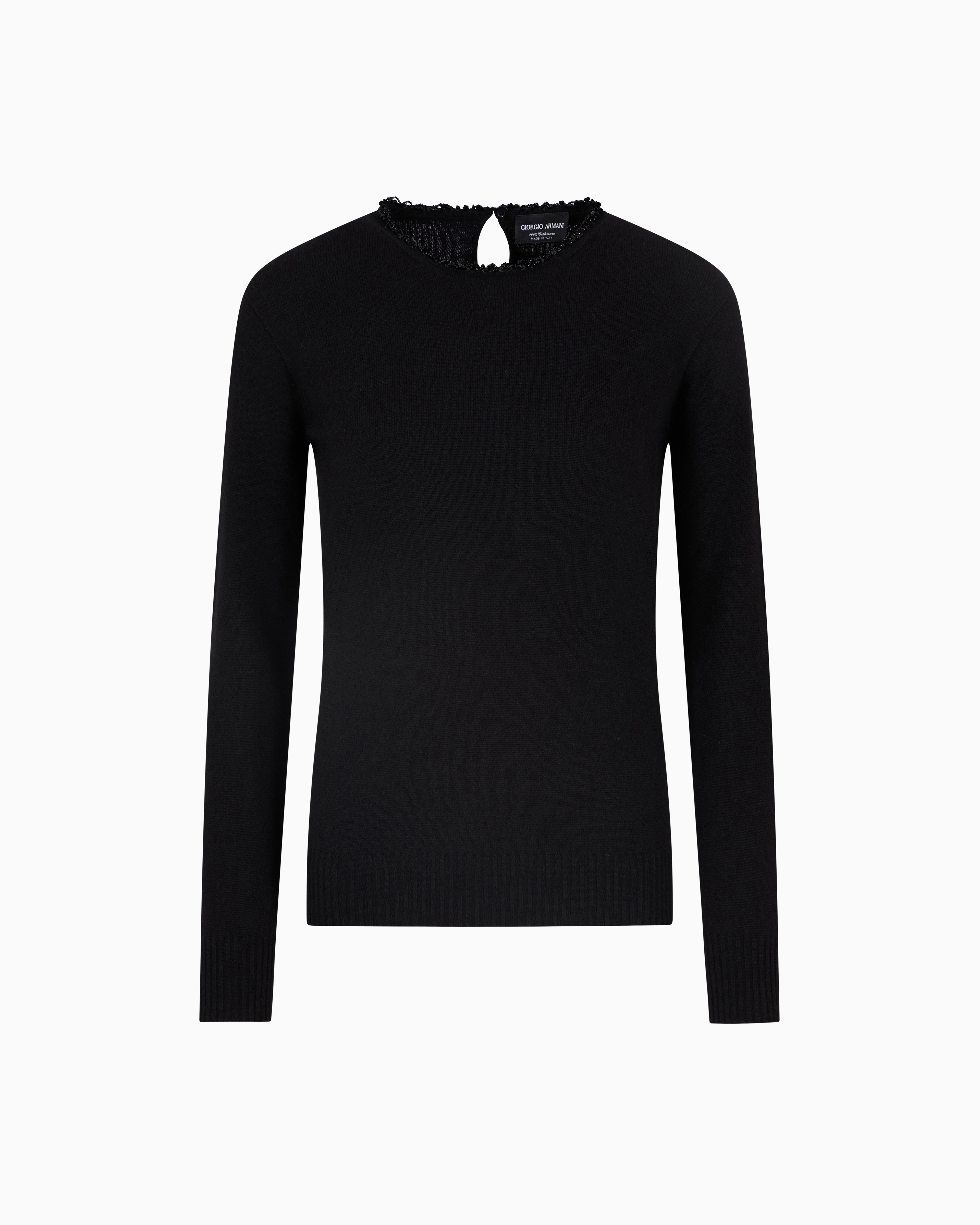 Giorgio Armani Black Cashmere Crew-Neck Jumper With Embroidery