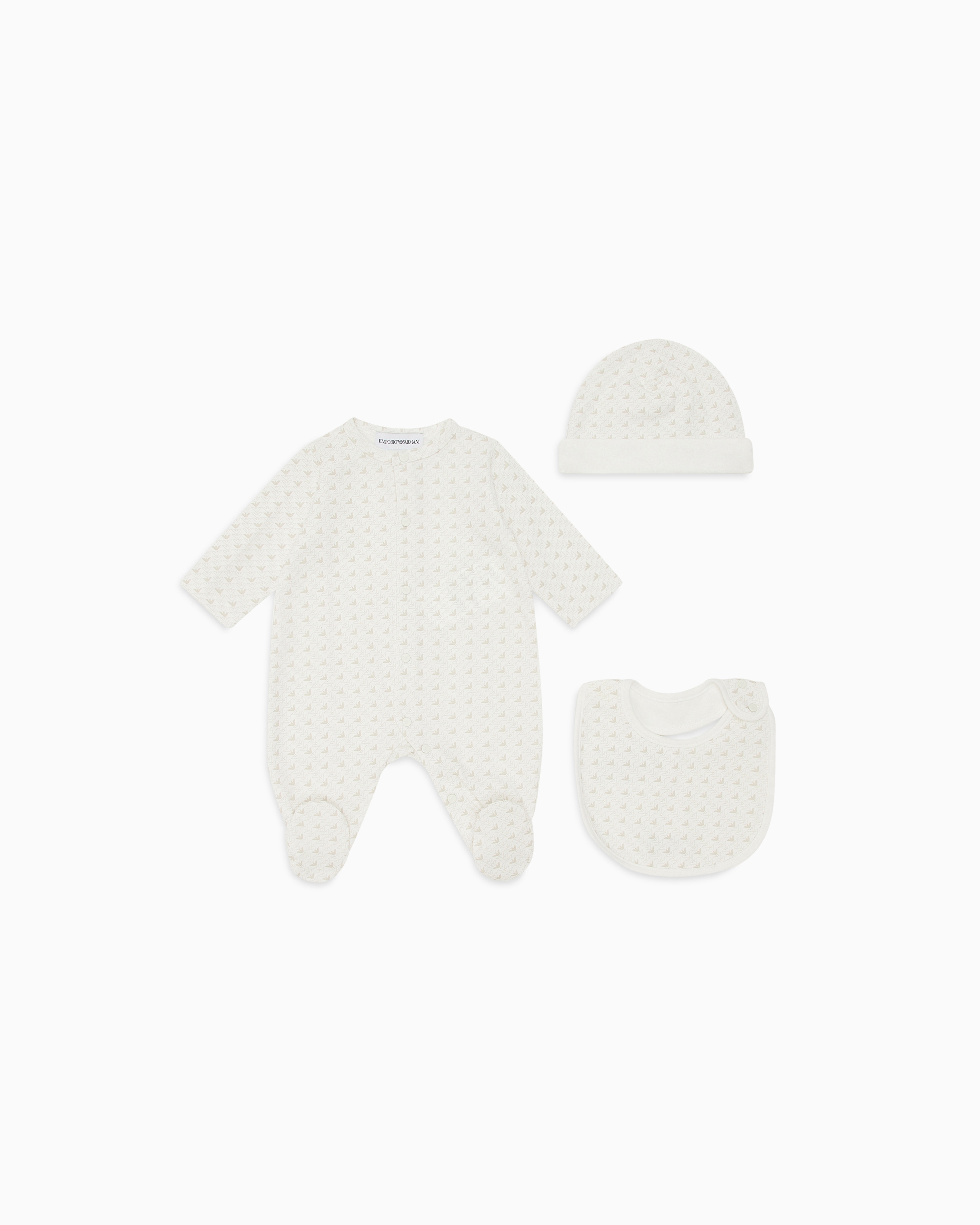 Emporio Armani - Jersey onesie, bib and beanie gift set with op-art eagles, Unisex Junior, Beige, Size: