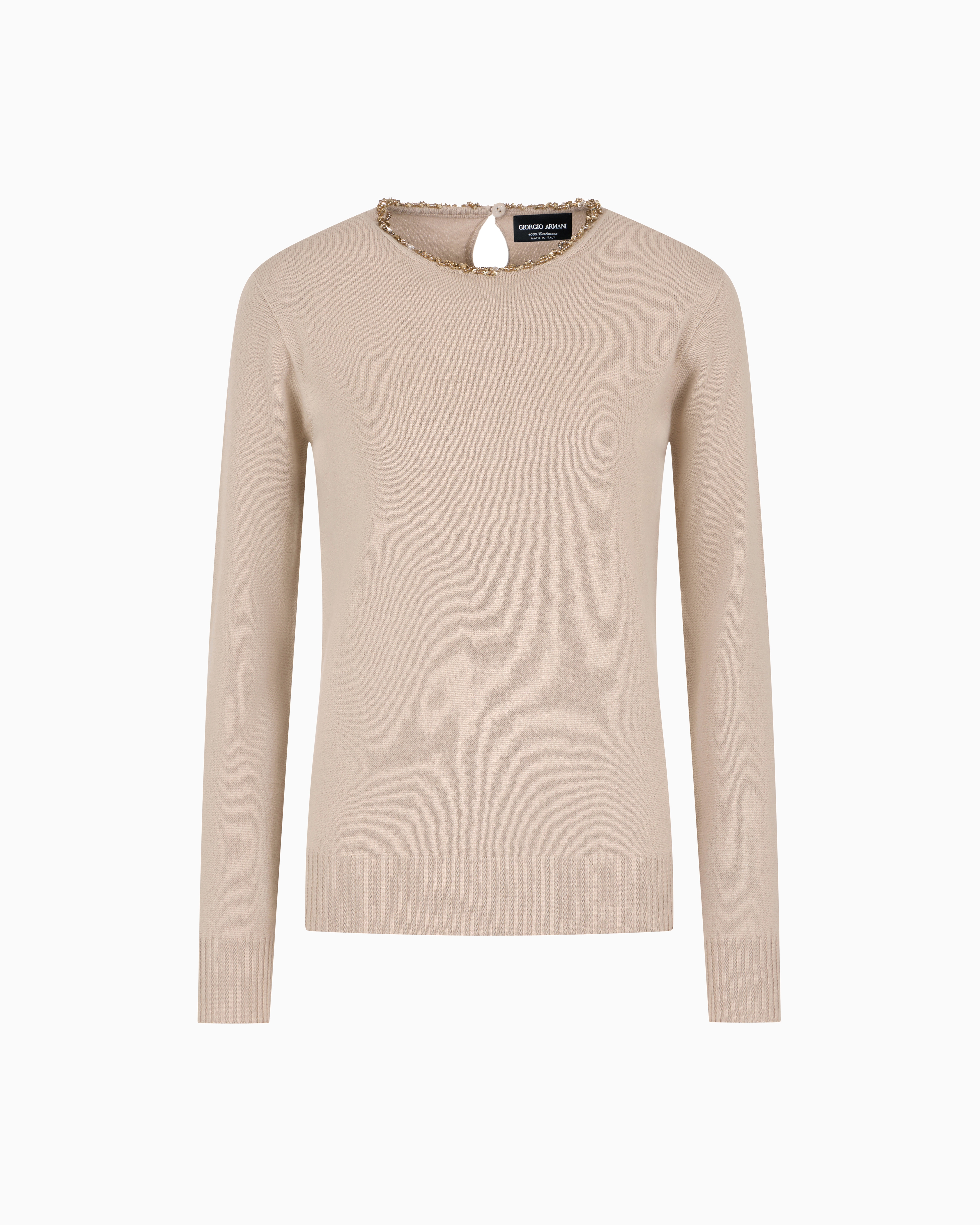Giorgio Armani Beige Cashmere Crew-Neck Jumper With Embroidery