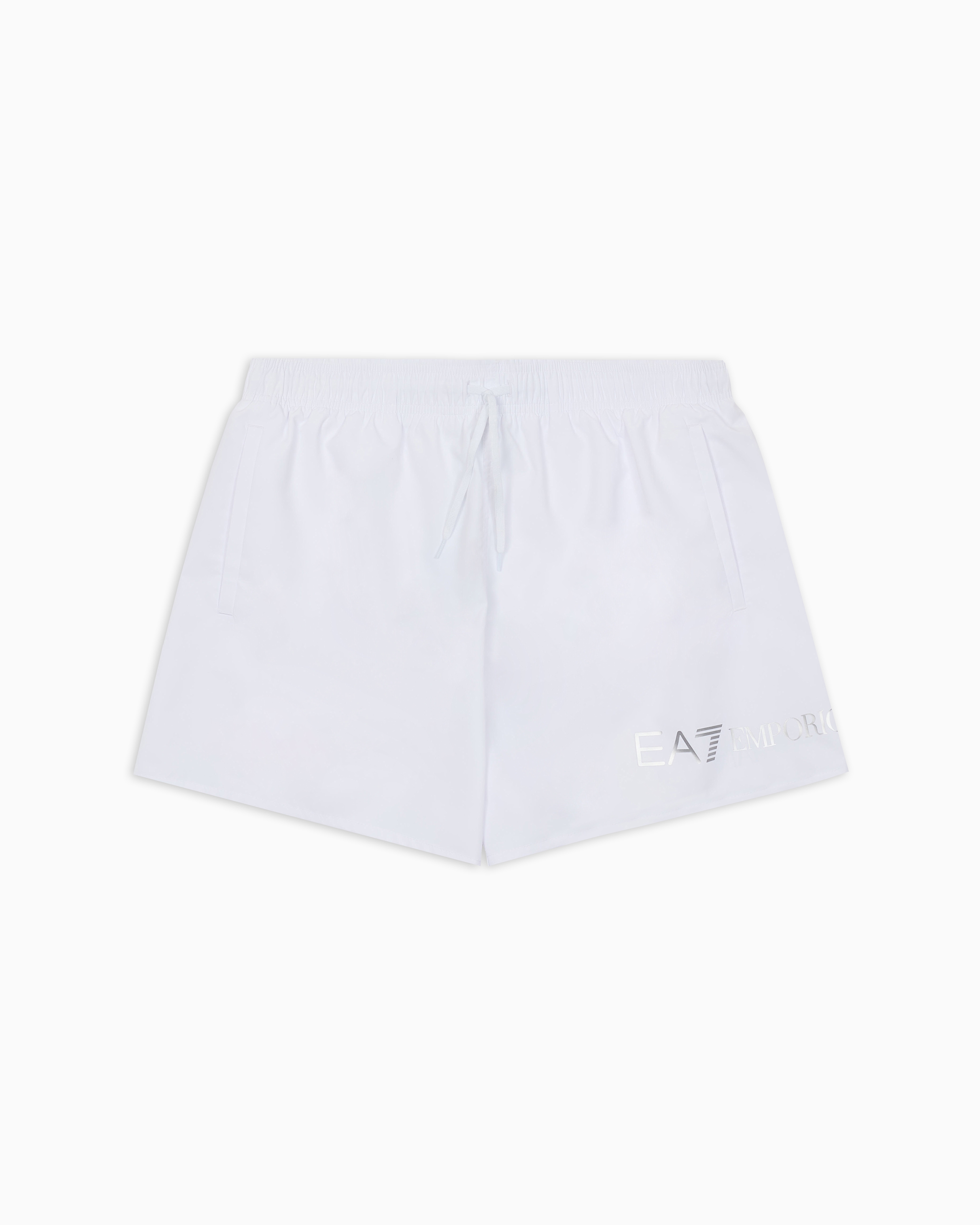 Ea7 White Swim Shorts With A Drawstring Waist And Side Pockets