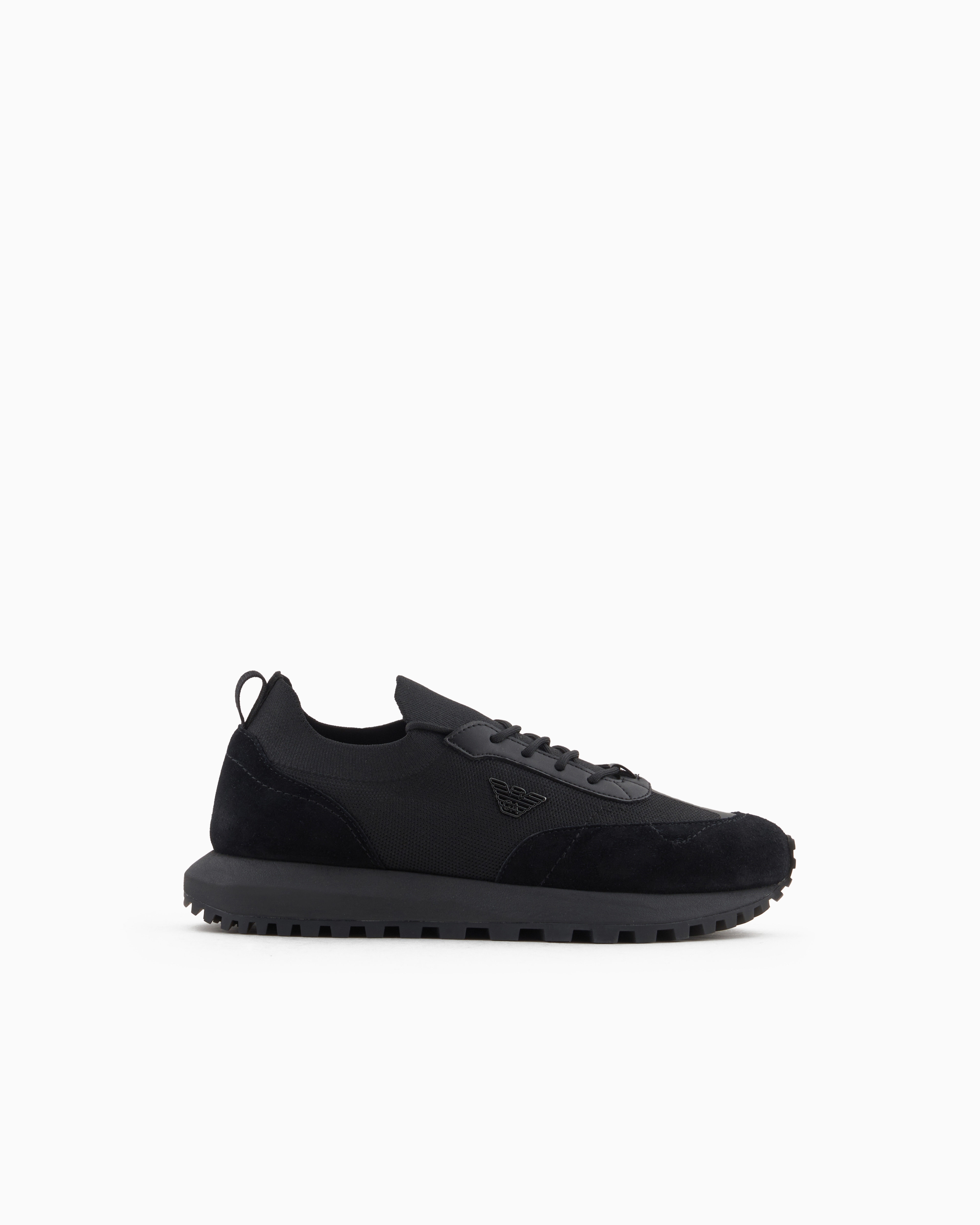 Emporio Armani Black Knit Sneakers With Suede Details