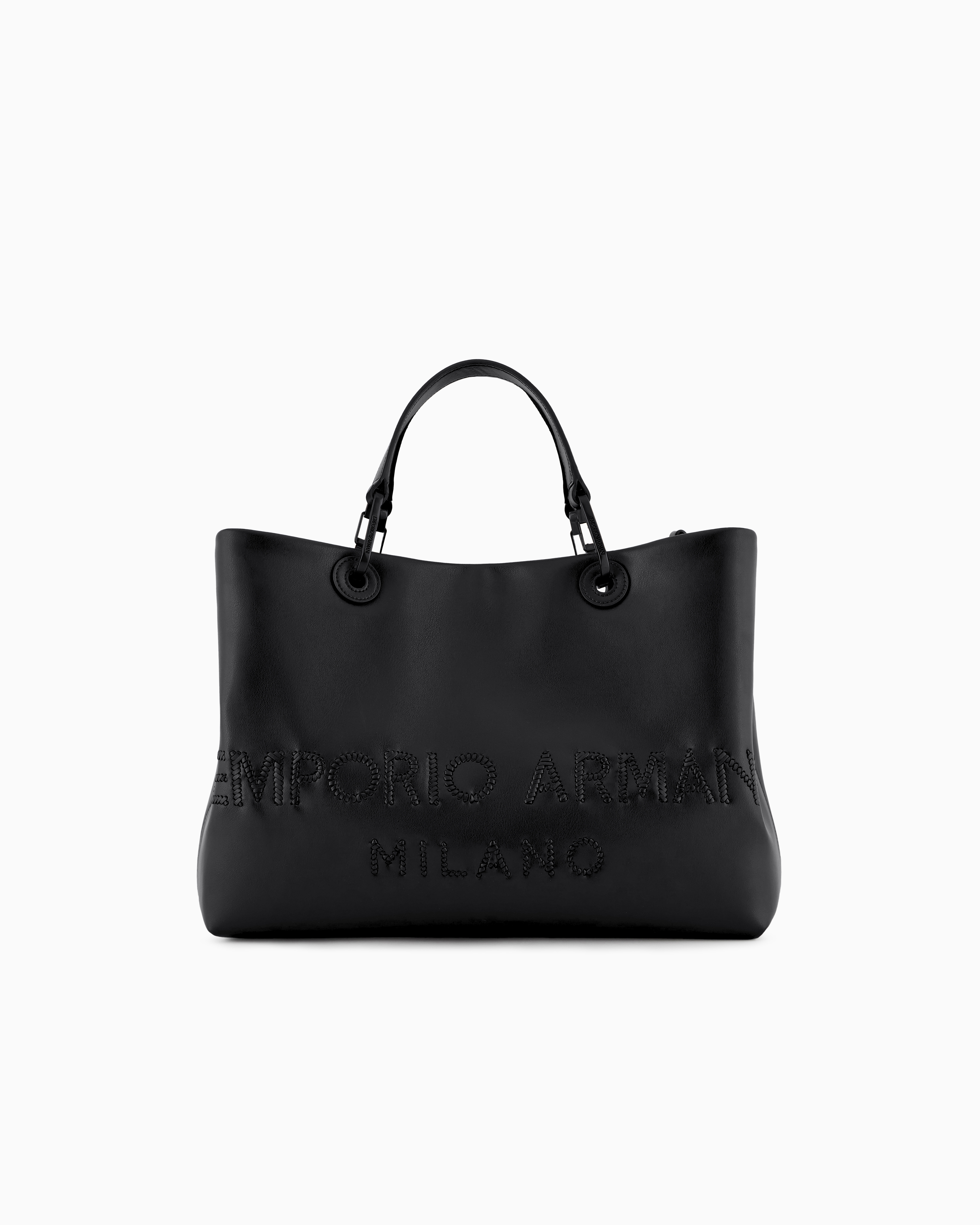 Emporio Armani Black Myea Shopper Bag In Interwoven Logo Leather