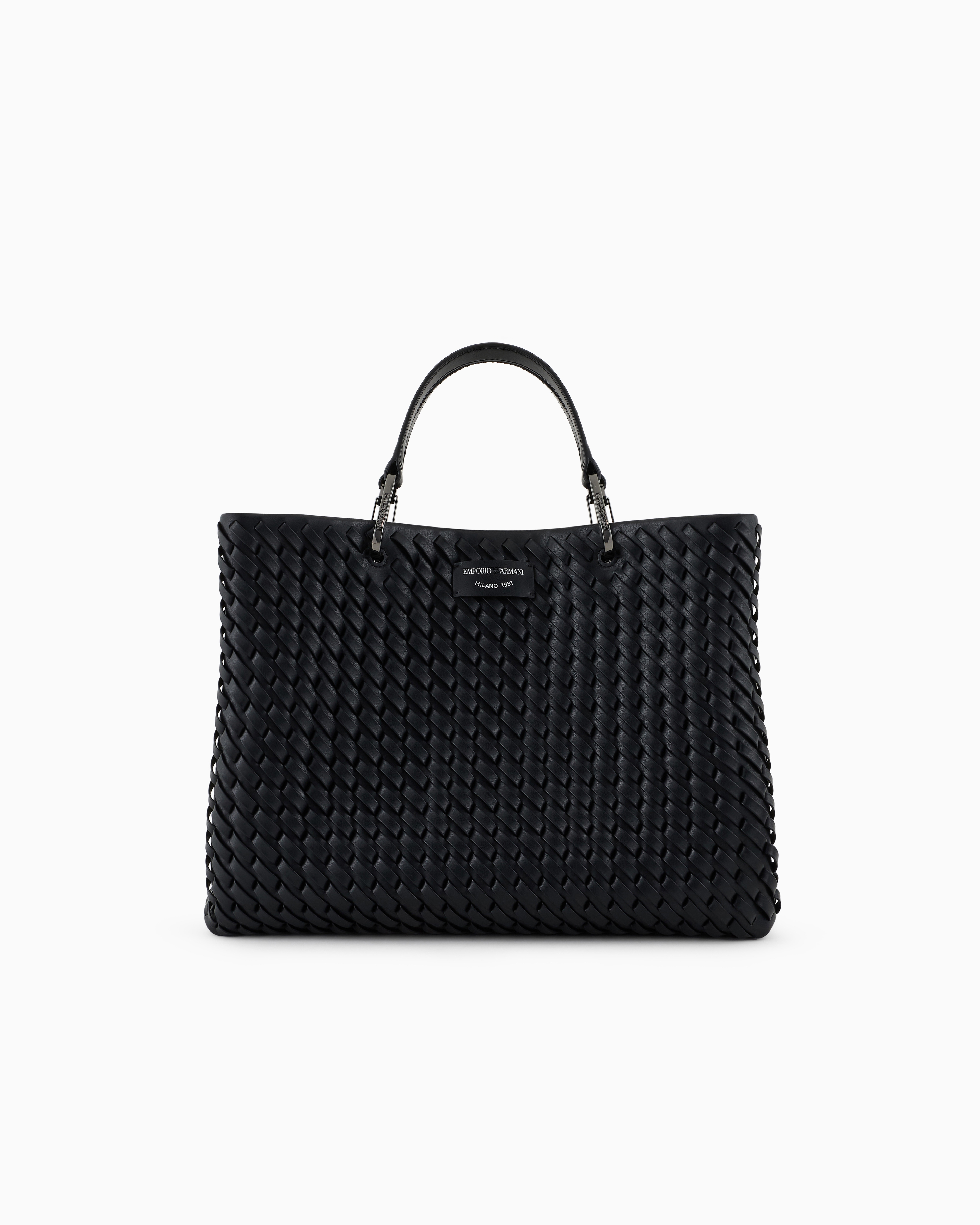 Emporio Armani Black Myea Medium Shopper Bag In Interwoven Leather