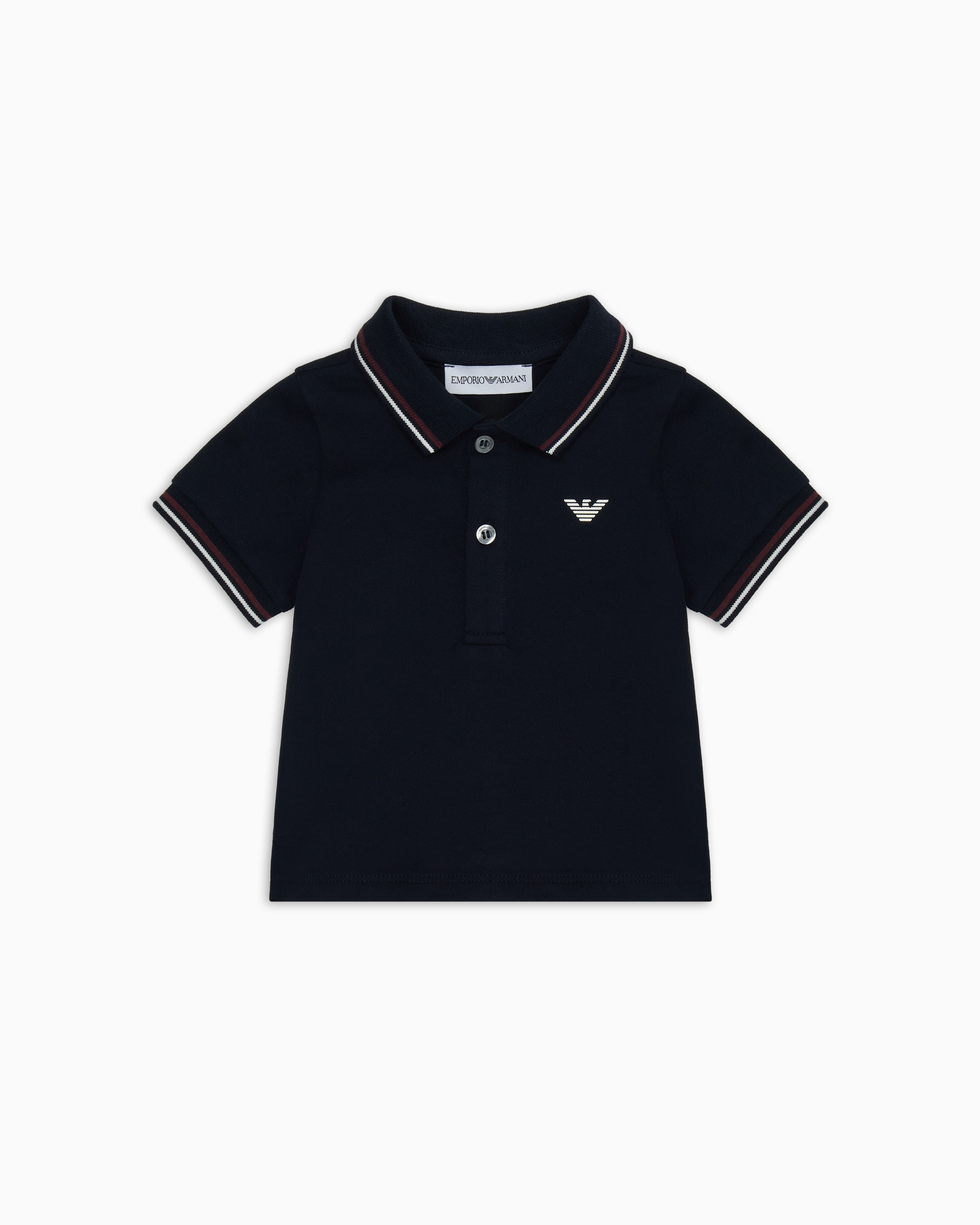Emporio Armani - Stretch piqué polo shirt with striped trim, Boy, Navy Blue, Size: