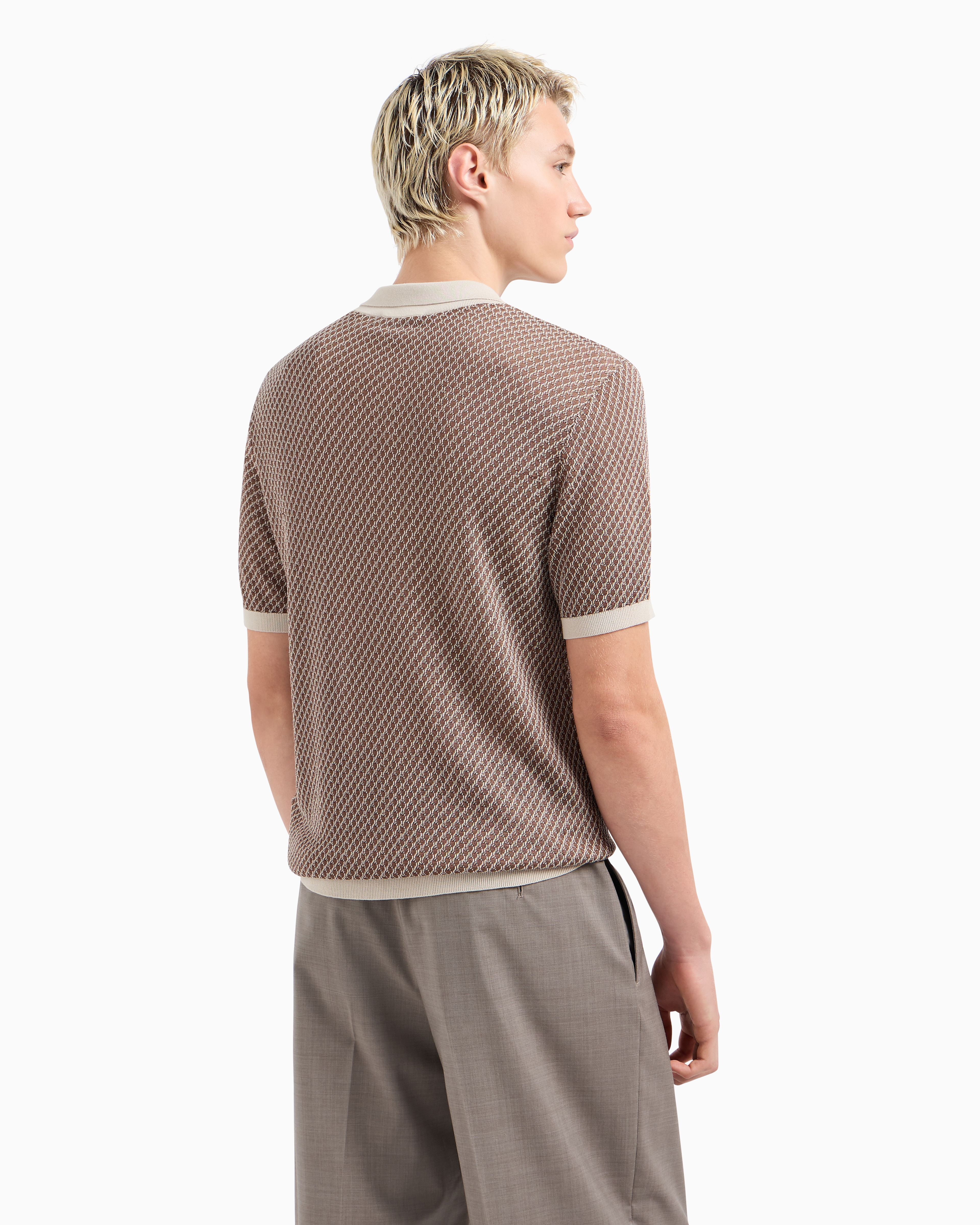 Emporio Armani - Micro-pattern jacquard knit Polo shirt, Man, Beige, Size: