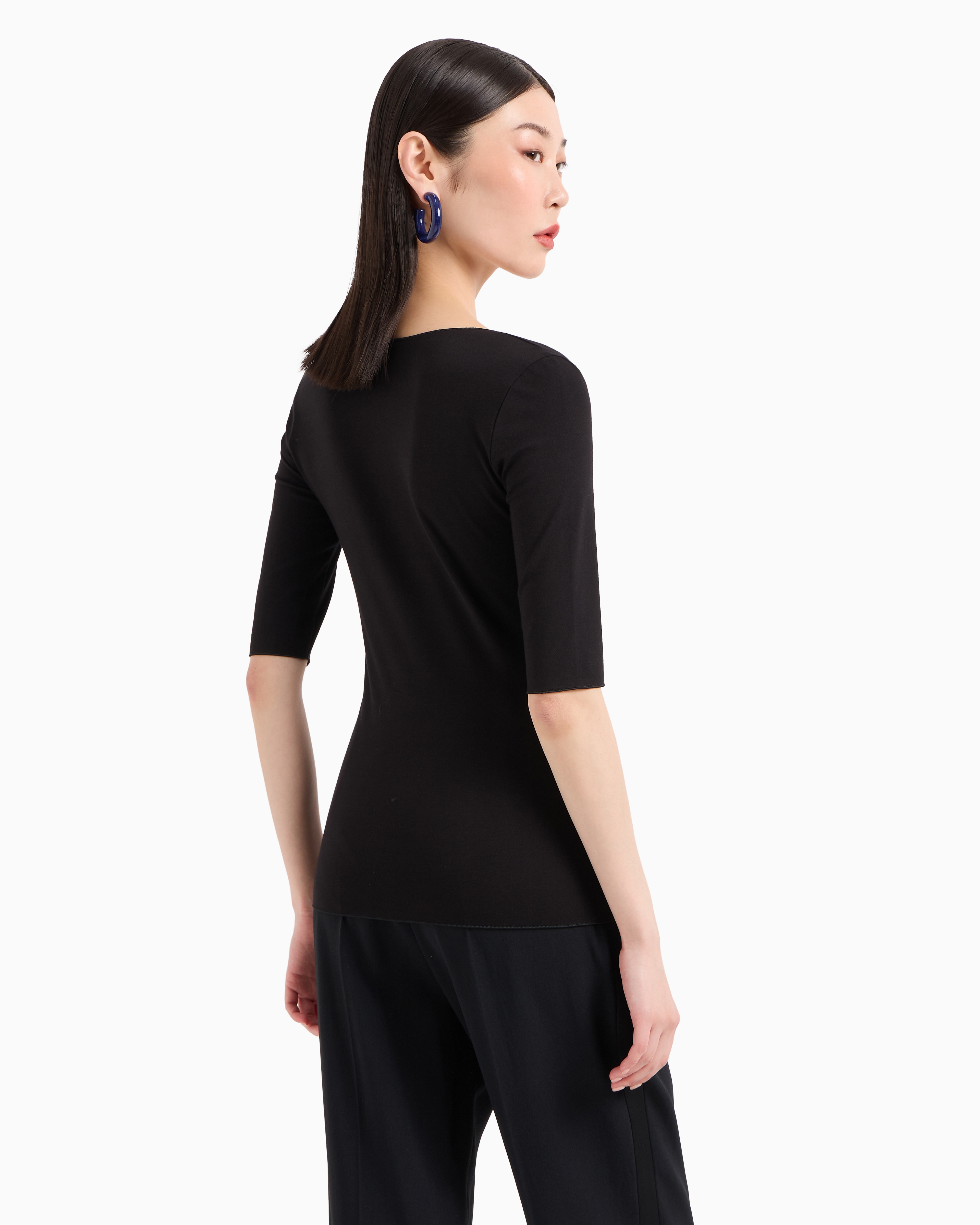 Emporio Armani - Viscose stretch jersey V-neck jumper with three-quarter length sleeves, Woman, Black, Size: