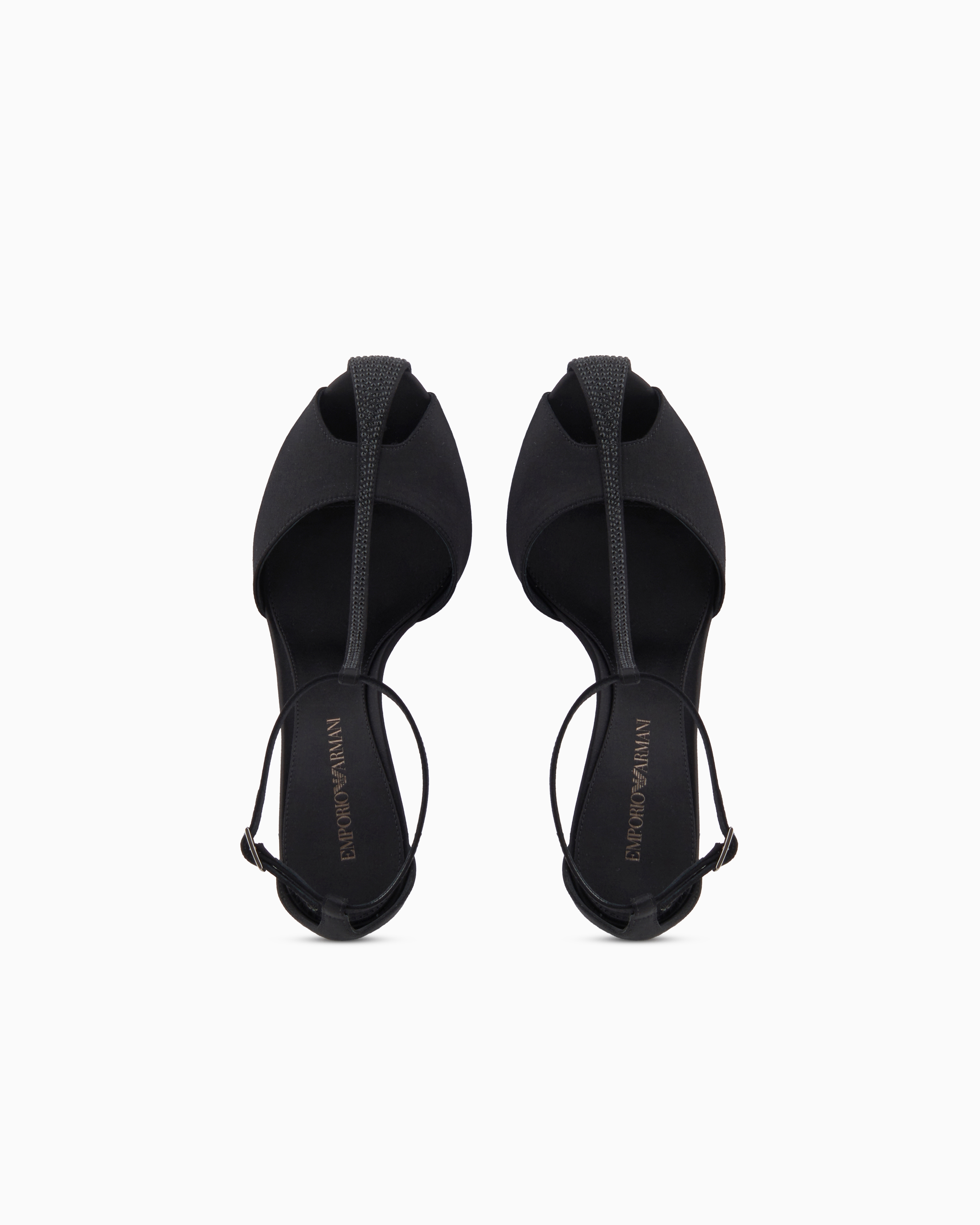 Emporio Armani - Satin T-bar sandals with rhinestones, Woman, Black, Size: