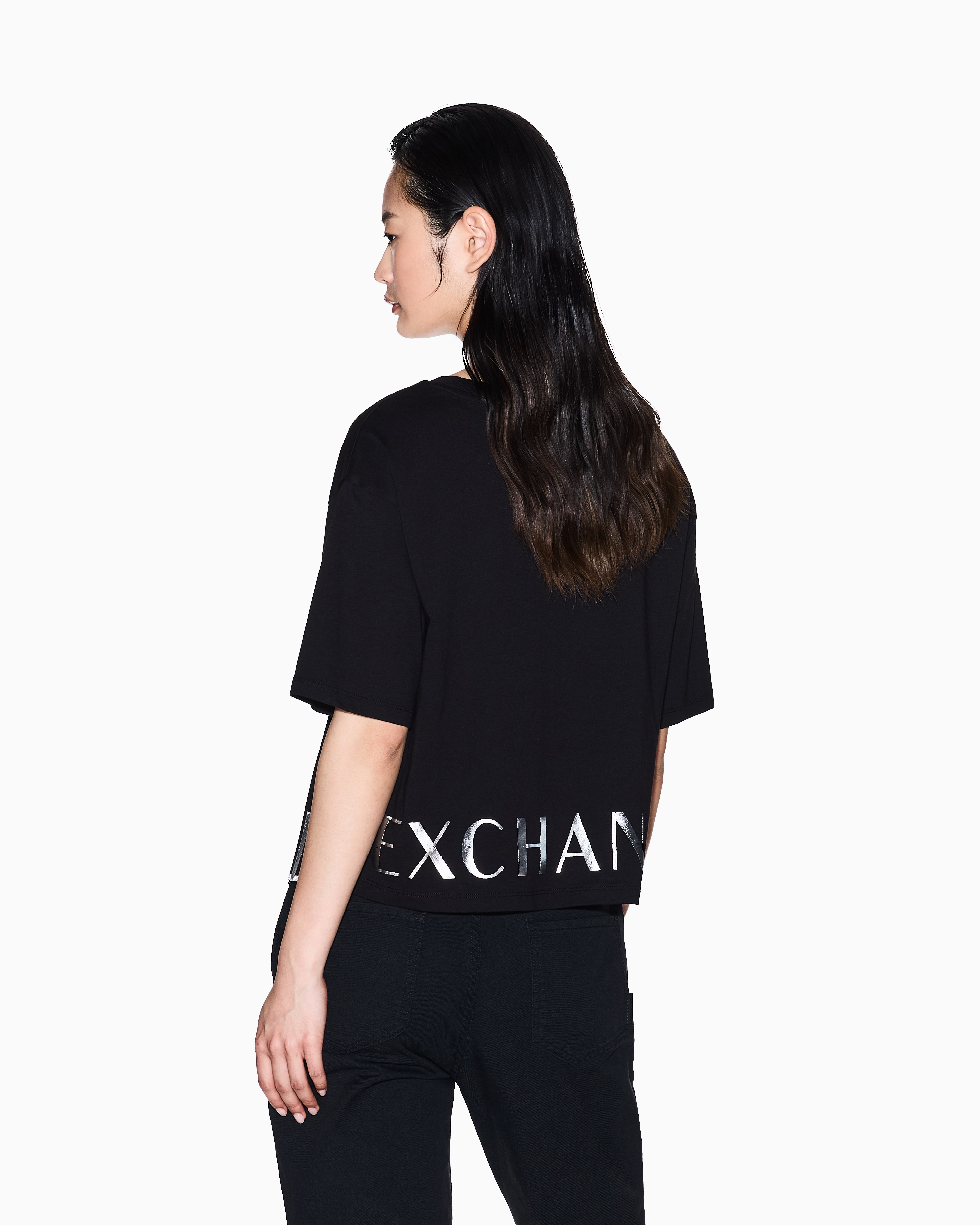 Armani Exchange - Cropped T-shirt with logo profile, Woman, Black, Size: