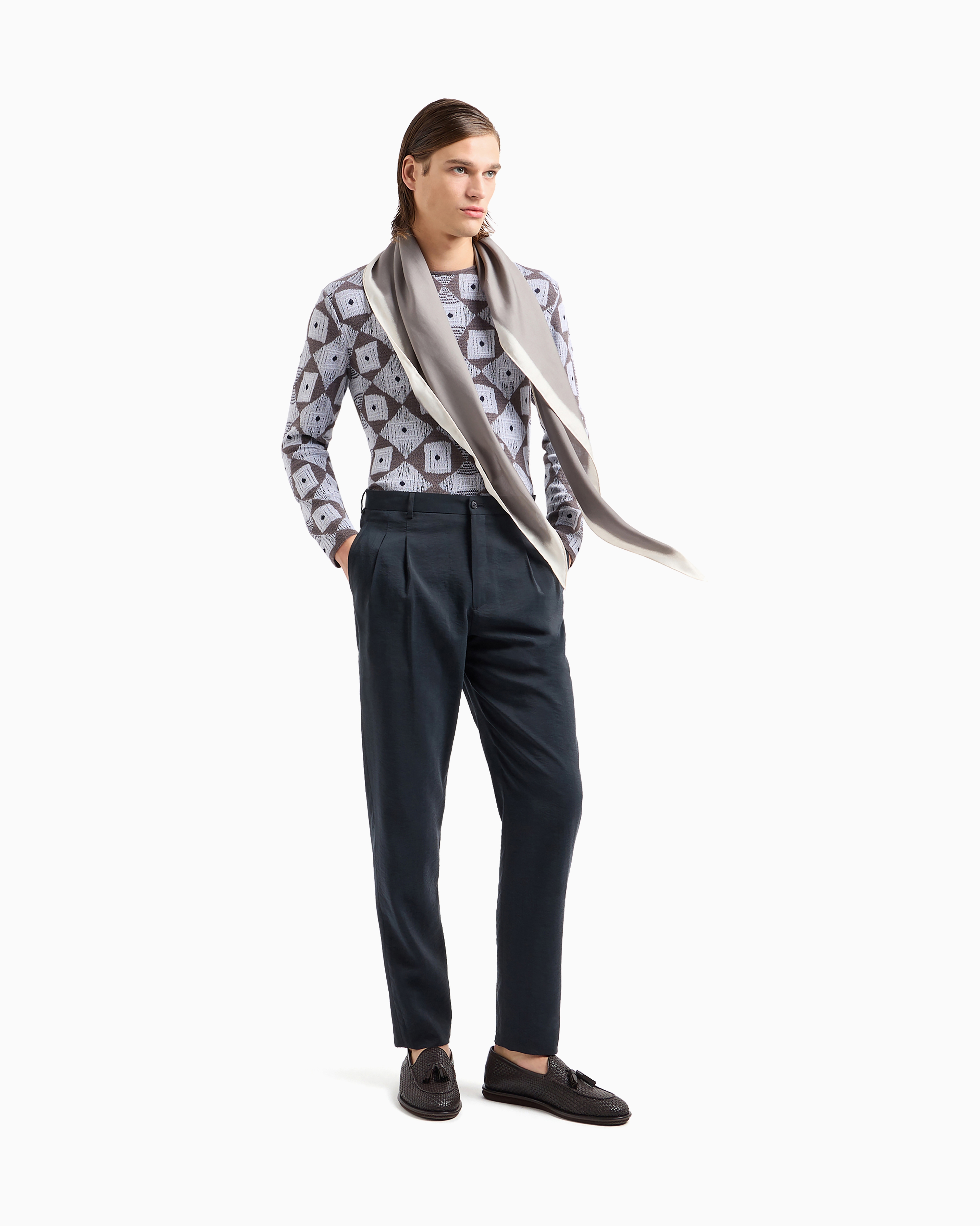 正規品 GIORGIO ARMANI 黒タグ　シルク混 パンツ 白 メンズ GIORGIO ARMANI 黒タグ ワイドストレート 1タックスラックス