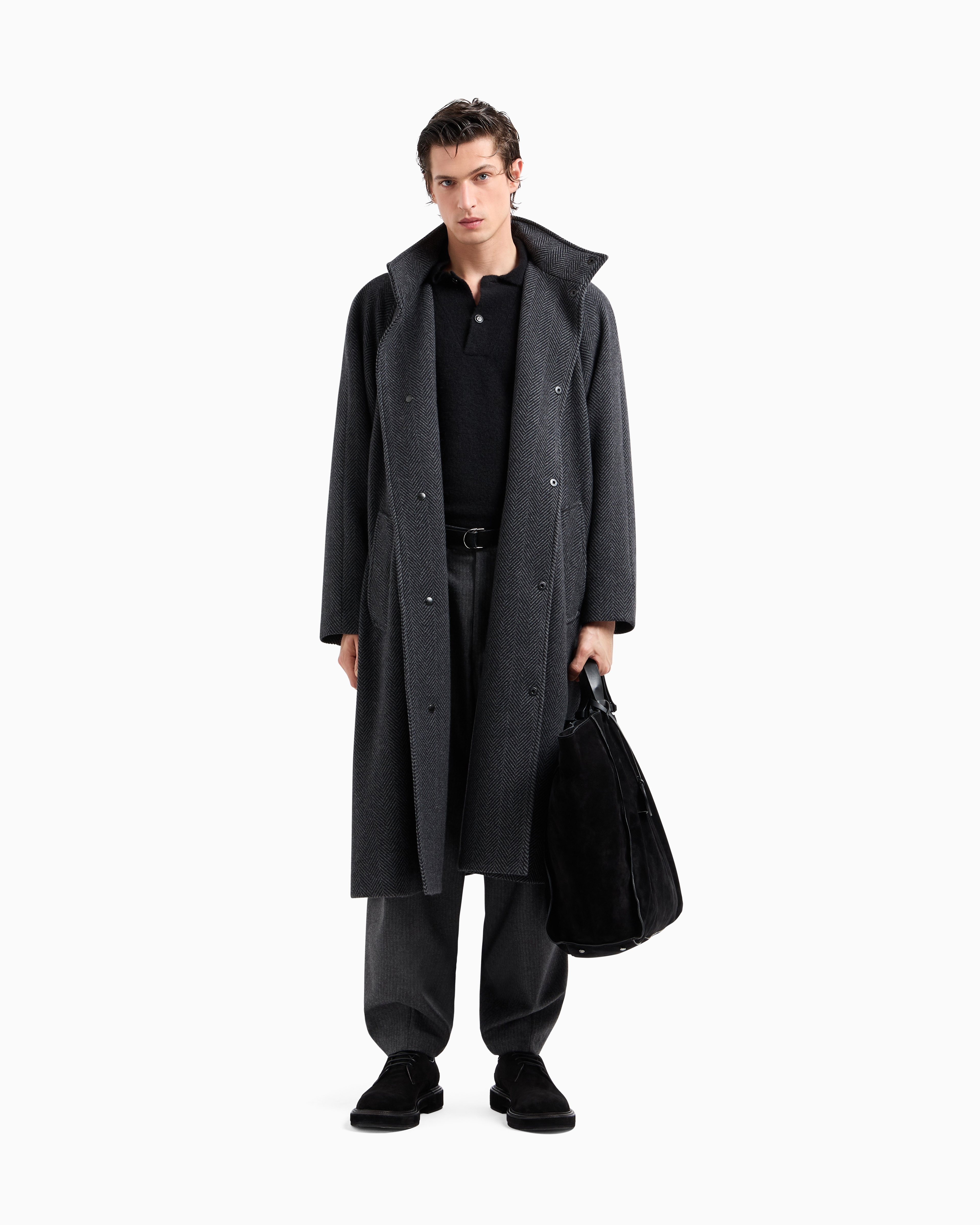 Long coat in chevron jacquard cashmere-blend cloth | Giorgio Armani